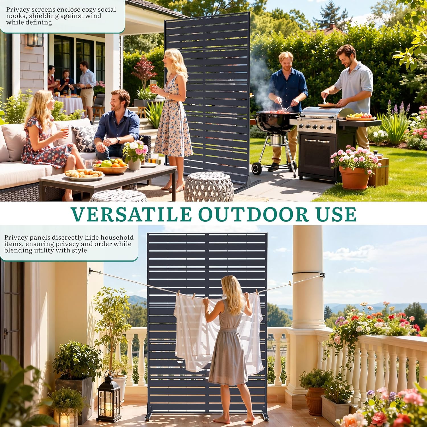 Slatted Privacy Screen Outdoor, 72" H×44" W Modern Decorative Steel Garden Divider Panel, Weatherproof Freestanding Privacy Fence with Ground Stakes for Balcony Patio Deck Backyard Room