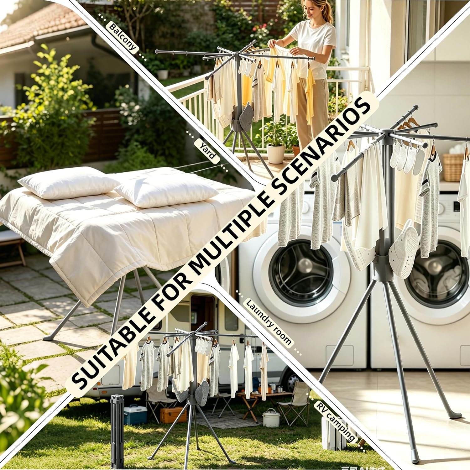Drying Rack Clothing, Foldable Clothes Drying Rack Floor Standing Laundry Drying Rack Folding 4 Retractable Drying Rods + 4 Shoe Racks + 4 Sock Clips with 16 Clips