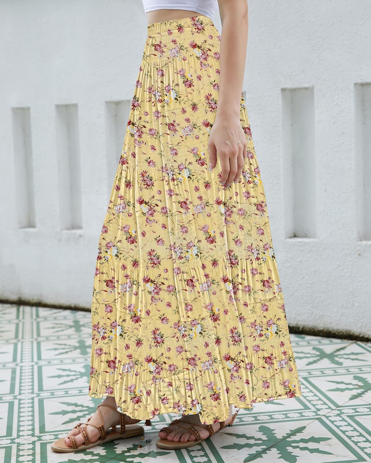 CYiNu Women's Chiffon Elastic High Waist Tiered Pleated Floral Printed A-Line Boho Long Maxi Skirts - Image 3