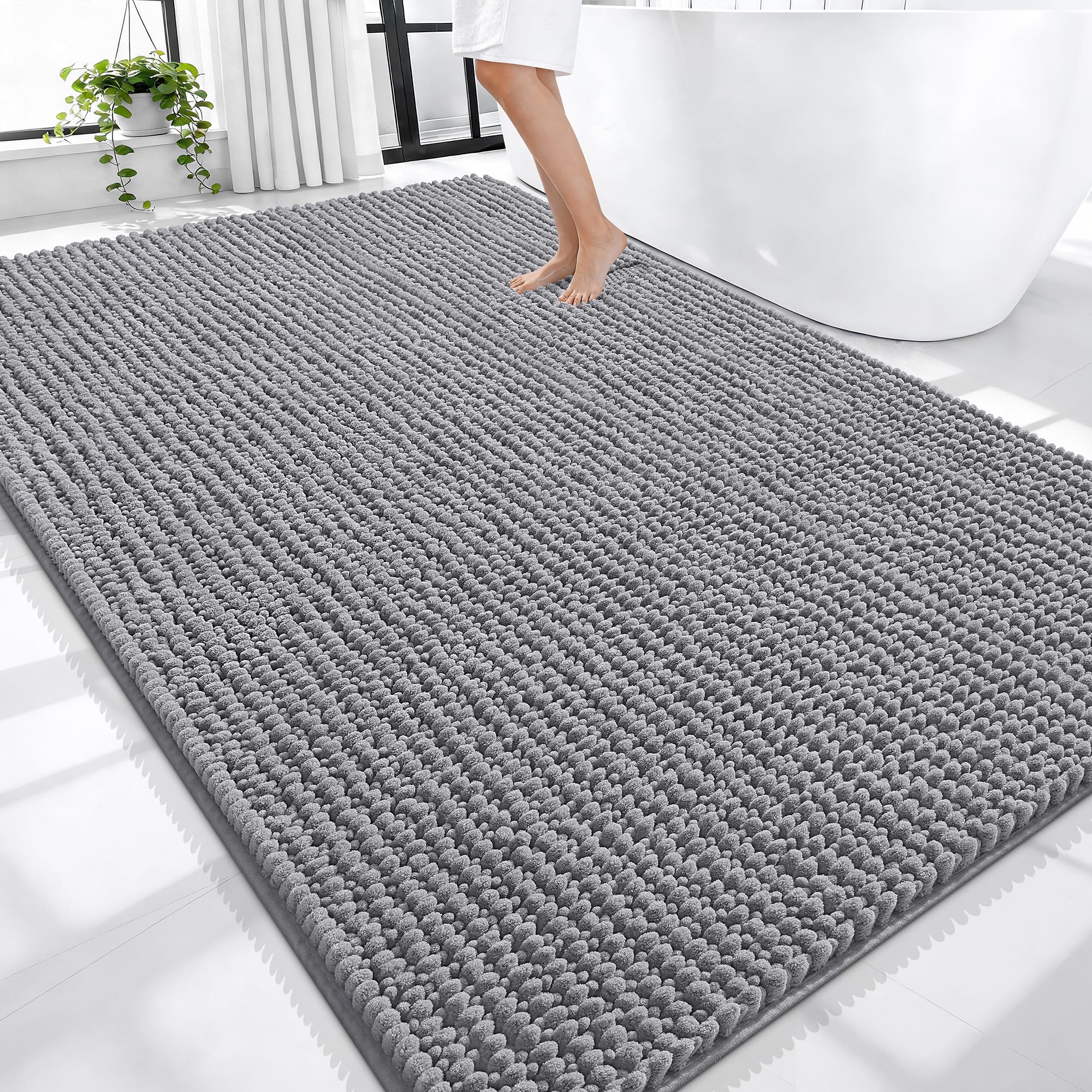 OLANLY Thick Chenille Large Bathroom Rugs 70x46, Absorbent Bath Mat, Grey