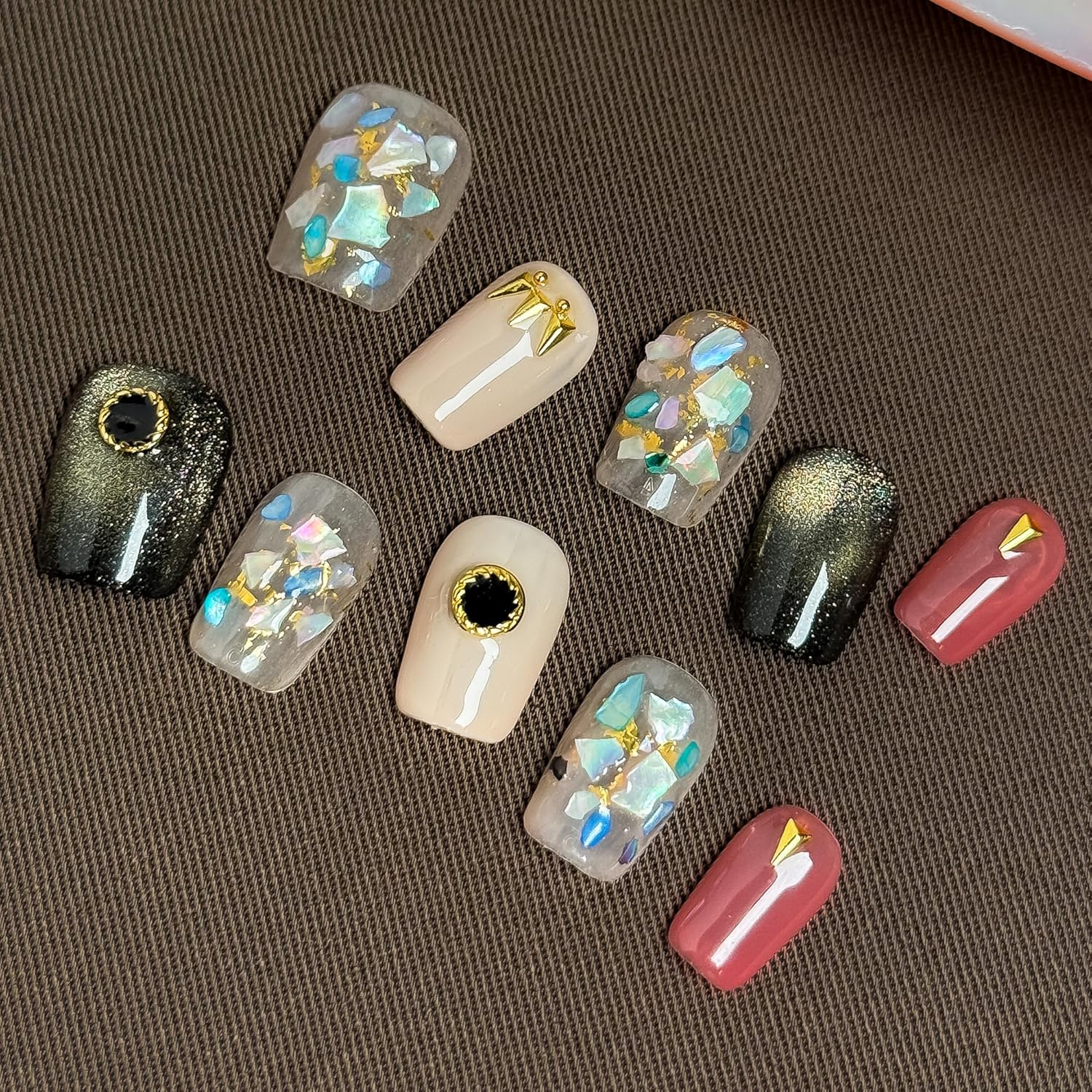 Midnight Gem 10PCS Press On Nails Set, Black-to-Gold Gradient & Mixed Design Glam Fake Nails, Acrylic/UV Gel Luxury Gem Press-Ons for Women, Fall Winter Neutral Glam Nail Kit (Multicolor, M)