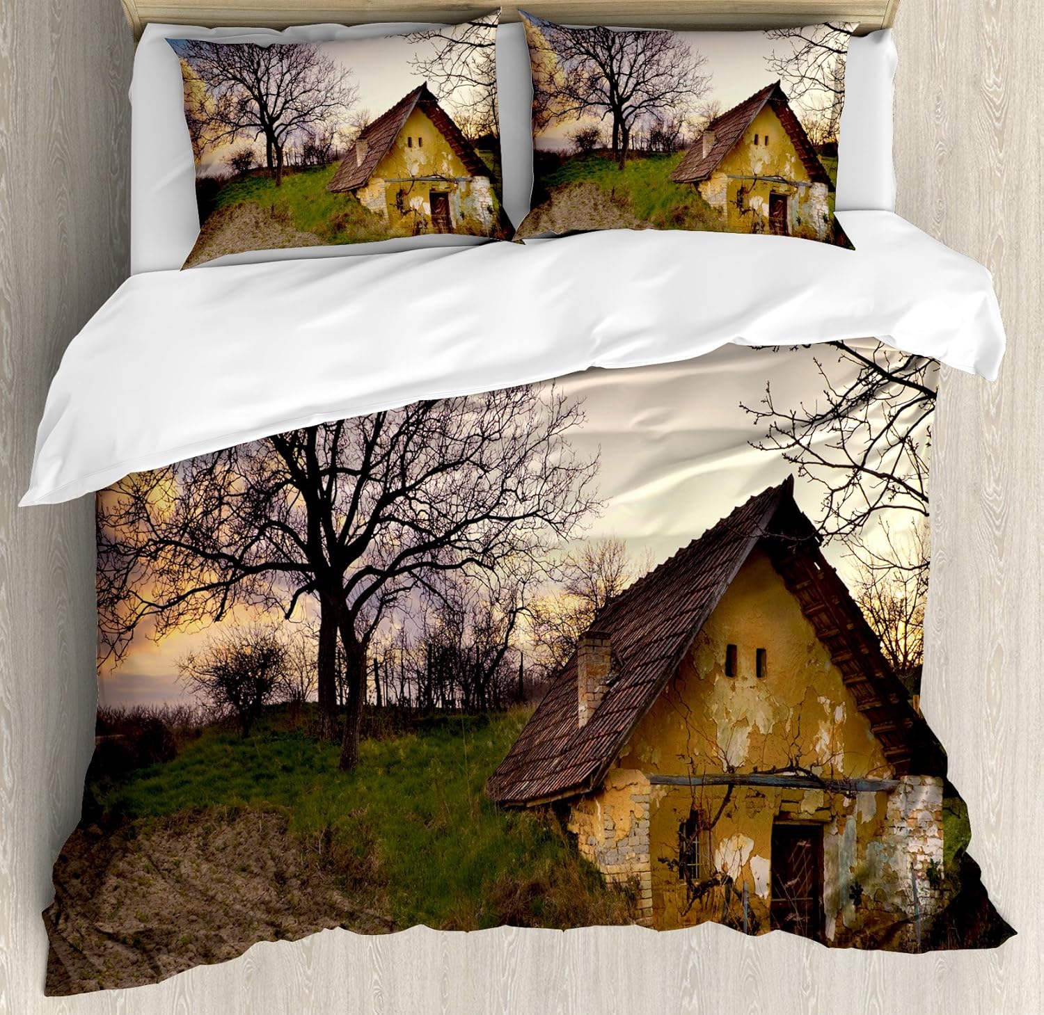 Ambesonne Rustic Duvet Cover Set, Battered Stone House in a