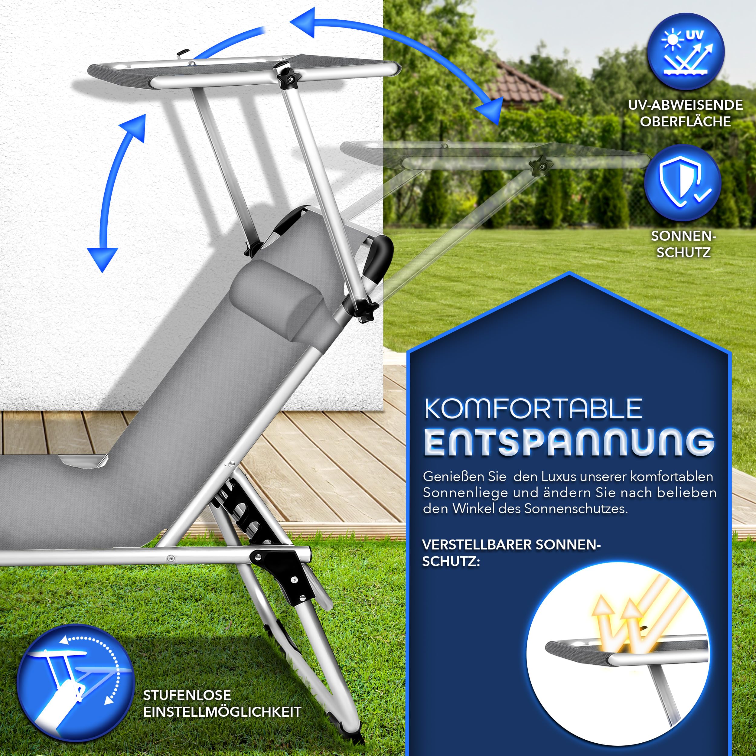 tillvex® Sonnenliege mit Dach und Kopfkissen | Gartenliege Liegestuhl klappbar | Strandliege mit Verstellbarer Rückenlehne | Aluminium Liege (Grau, Liege (Basic))