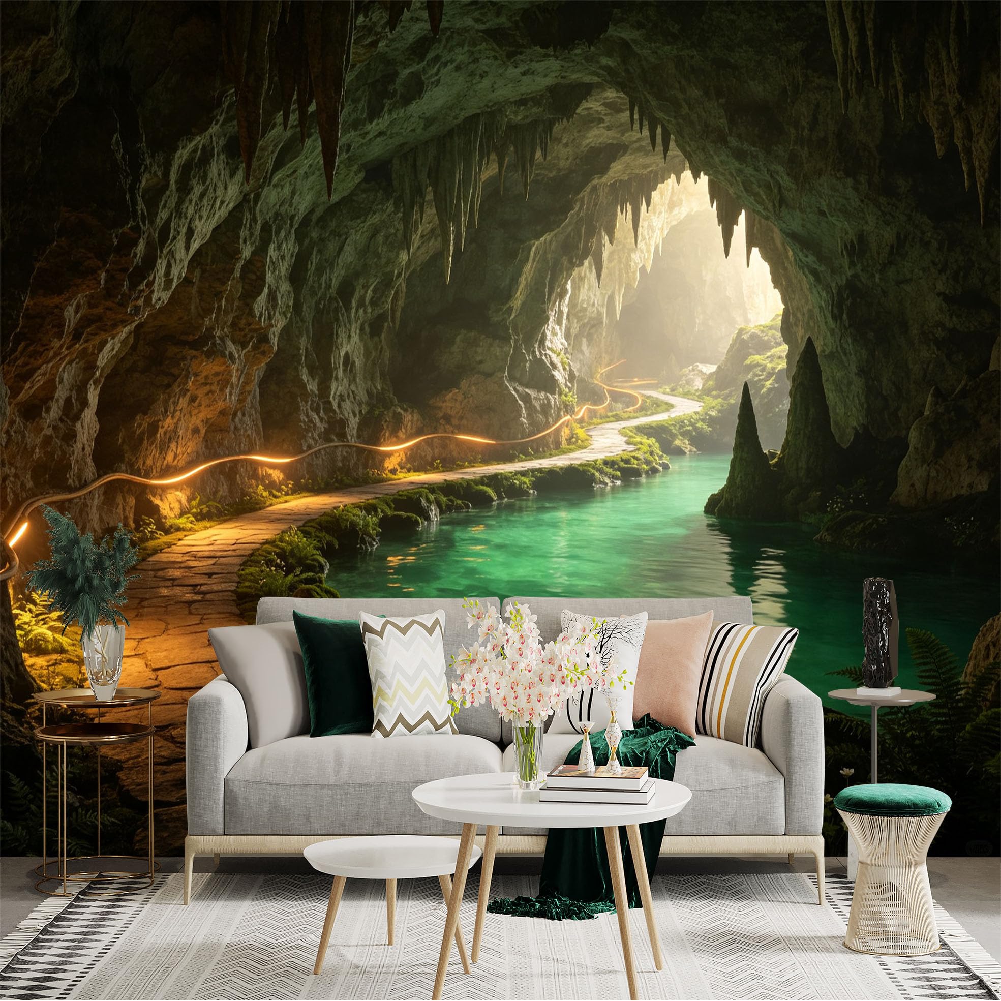 Custom Size Wall Sticker Mural， Mysterious Limestone Cave， Glowing Underground River， Scenic Stone Pathway， Nature Landscape， for wall Decoration， peelandstick wall Decals.