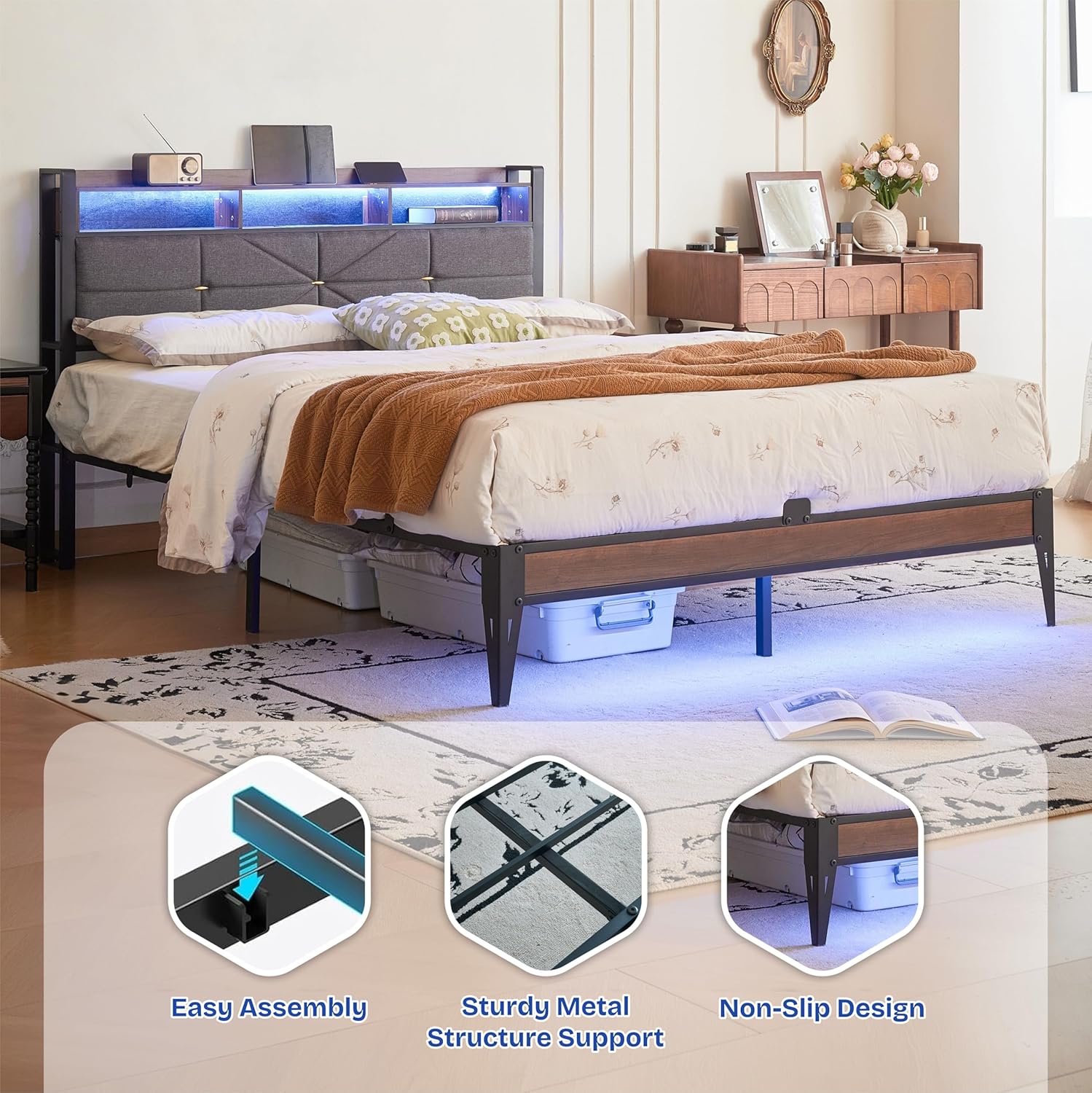 Full Size bed frame with headboard, Upholstered Platform Bed Frame with Charging Station, Dual LED Light Strips, 2-Tier Storage Shelves, Heavy Duty Metal frame, Noise-Free, No Box Spring Needed, Black