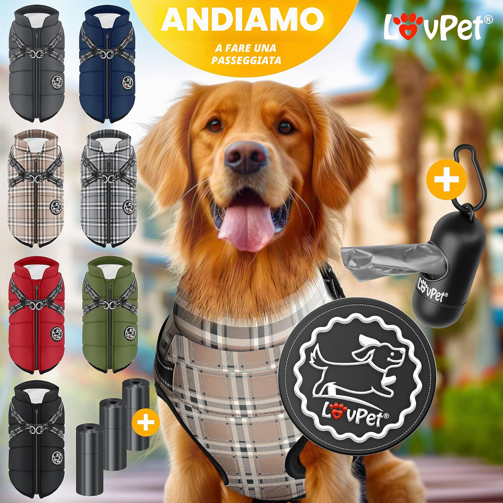 Lovpet® Giacca per Cani con Pettorina, con 45 Sacchetti per Escrementi + Dispenser per Cani, Gilet Invernale Imbottito, Impermeabile, con Cintura Toracica, riflettori, Anello a D 5XL, Beige