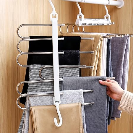 Amazon Co Jp 6段 2本 ズボンハンガー スラックスハンガー ハンガー セット ズボン 収納滑り止め ステンレス鋼 ハンガー 皺防止 クロゼット収納 携帯用折りたたみ多機能ハンガー 省スペース 白い2本 ホーム キッチン