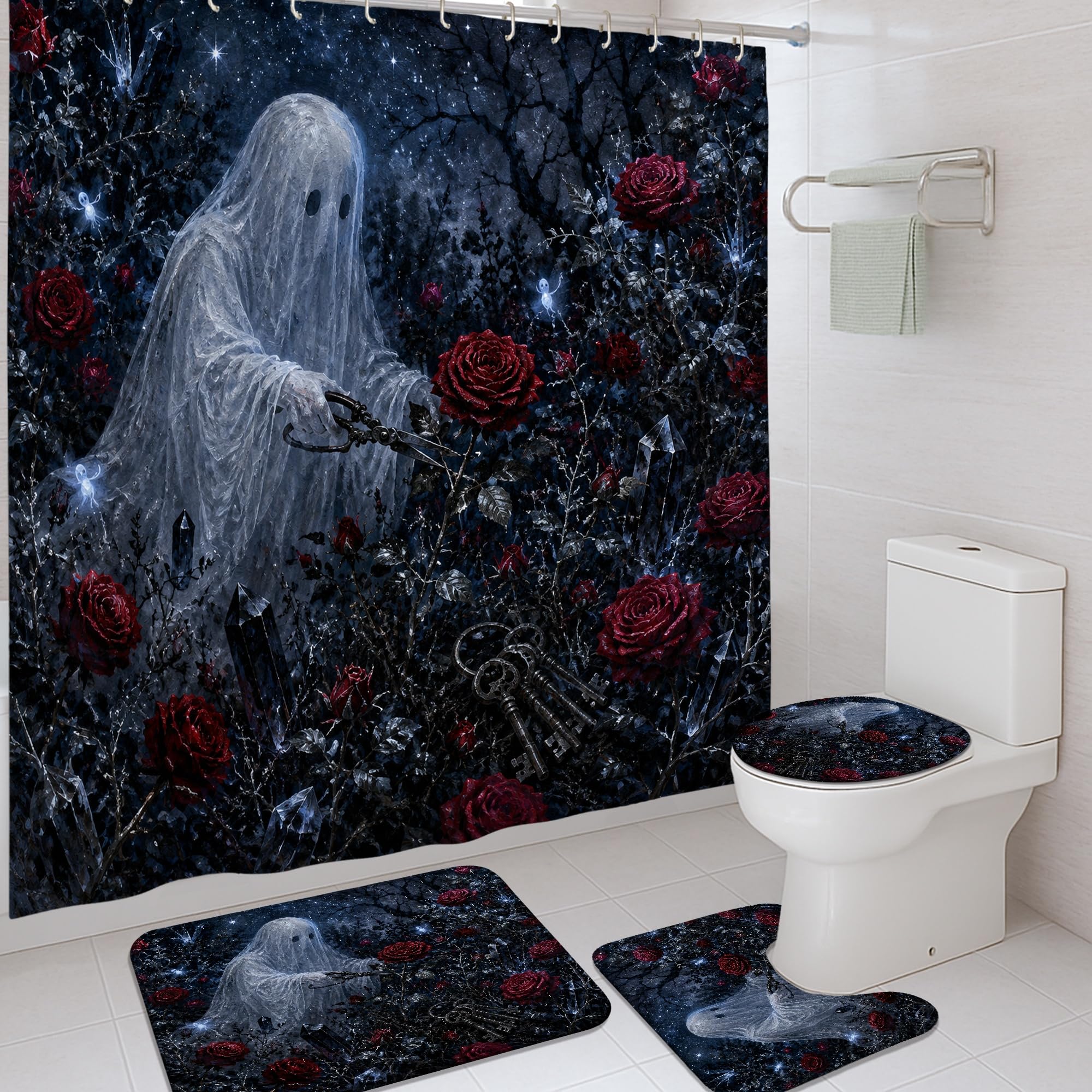 Ensemble rideau de douche lavable et tapis absorbant en tissu imprimé haute résistance