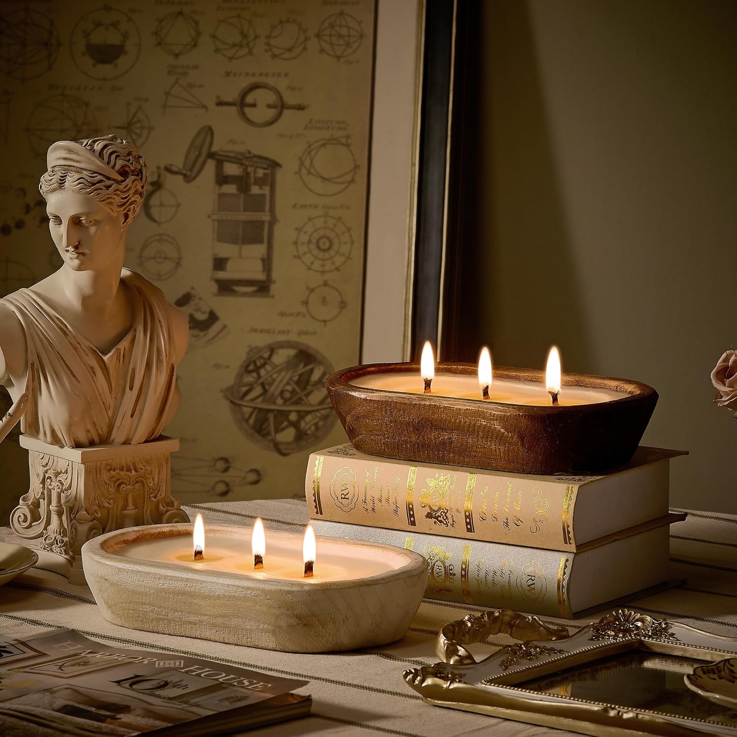 Woodronic 3 Wick Dough Bowl Candle, Vanilla Scented Sachet with White Wooden Bowl, 10 Inch Large Soy Wax Candle for Home Decor, Living Room, Bedroom, Perfect Gifts for Men & Women