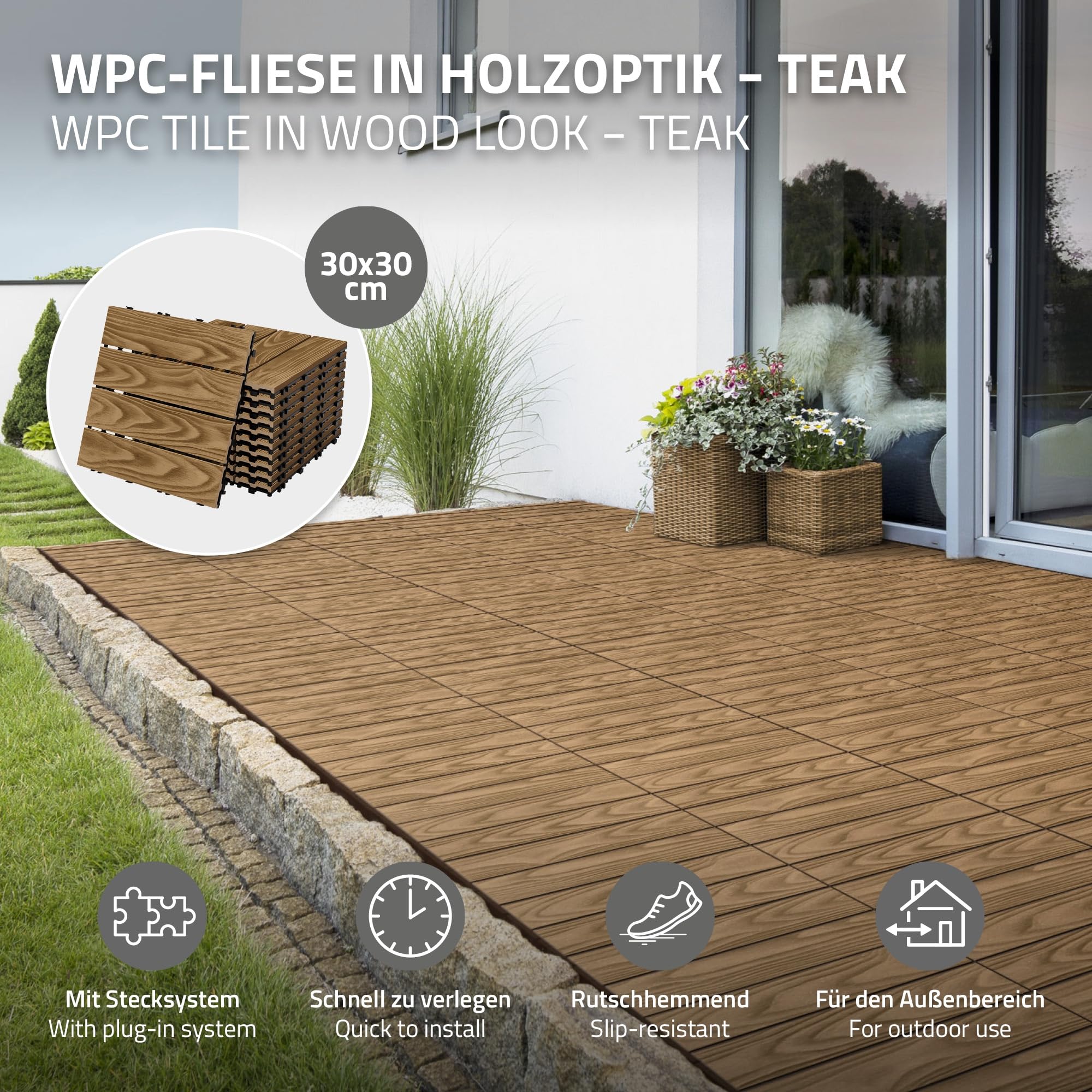 ECD Germany WPC Terrassenfliesen 30x30 cm/55 Stück=5m², Teak in Holzoptik, Bodenbelag mit Klicksystem und Drainage, Terrassendielen Balkonfliesen Holzfliesen, Klickfliesen für Terrasse, Garten, Balkon