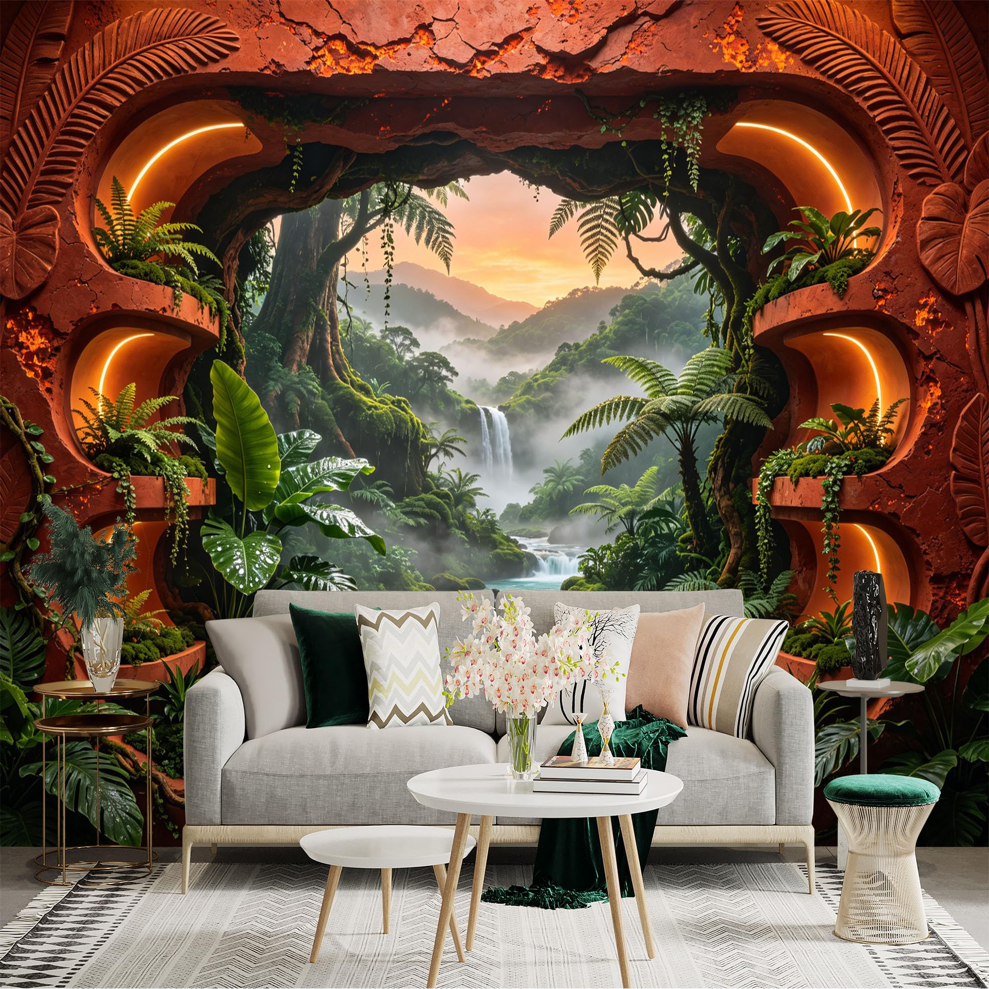 Custom Size Wall Sticker Mural， Tropical Jungle Waterfall with Lush Green Plants and Sunset View， for wall Decoration， peelandstick wall Decals.