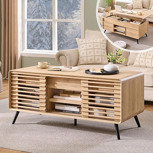 Miniatura 4 de OKD - Mesa de centro con parte superior elevada con puerta corrediza de lamas, mesa central de madera moderna de mediados de siglo de 48" con Nogal