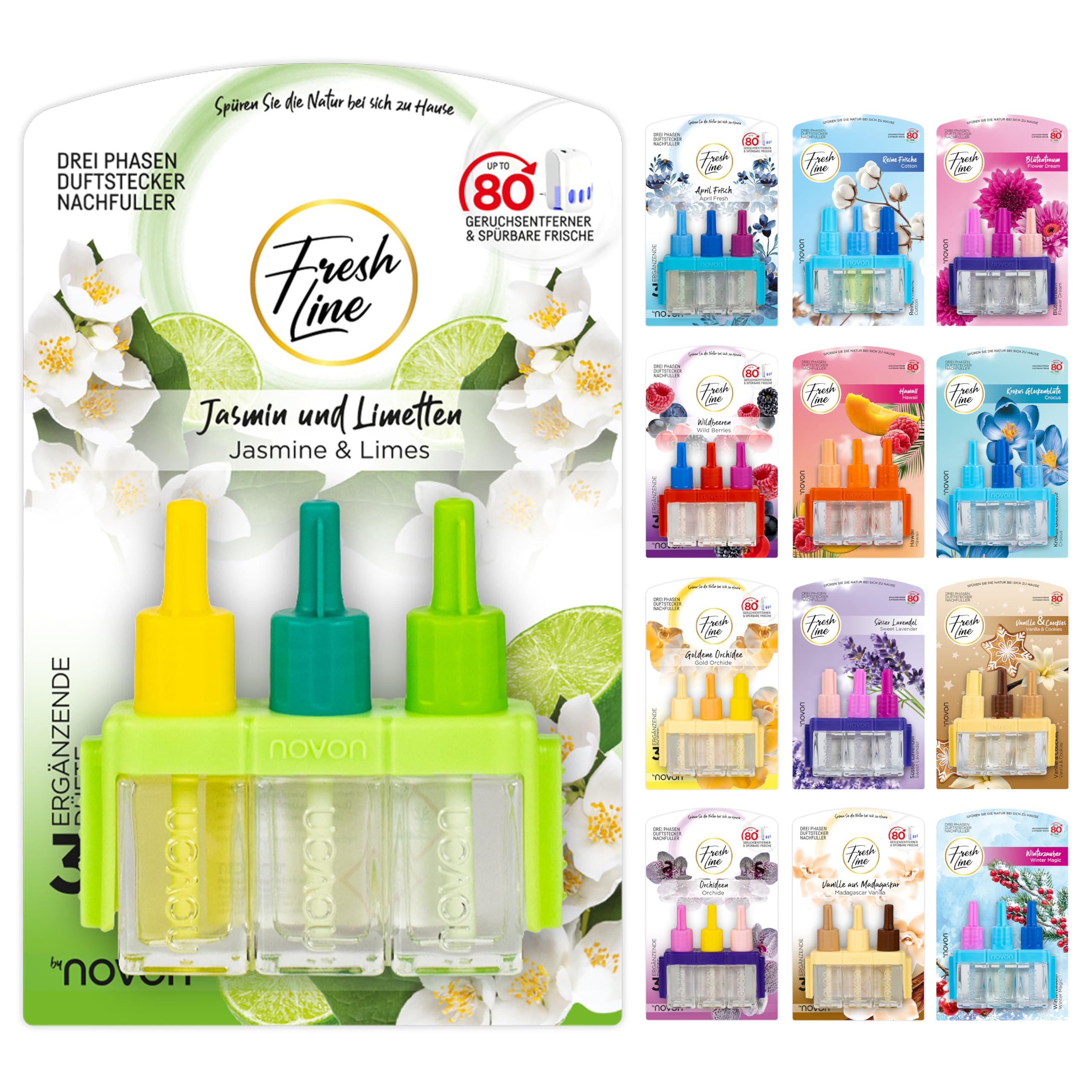 FRESH LINE® Duftstecker Nachfüller 12er Pack (3x7ml) – 3-Phasen-Wechsel – komp. zu 3VOLUTION – Lufterfrischer – 6 Düfte: Wildbeeren, Jasmin Limetten, Aprilfrisch, Goldene Orchidee, Vanille, Orchideen