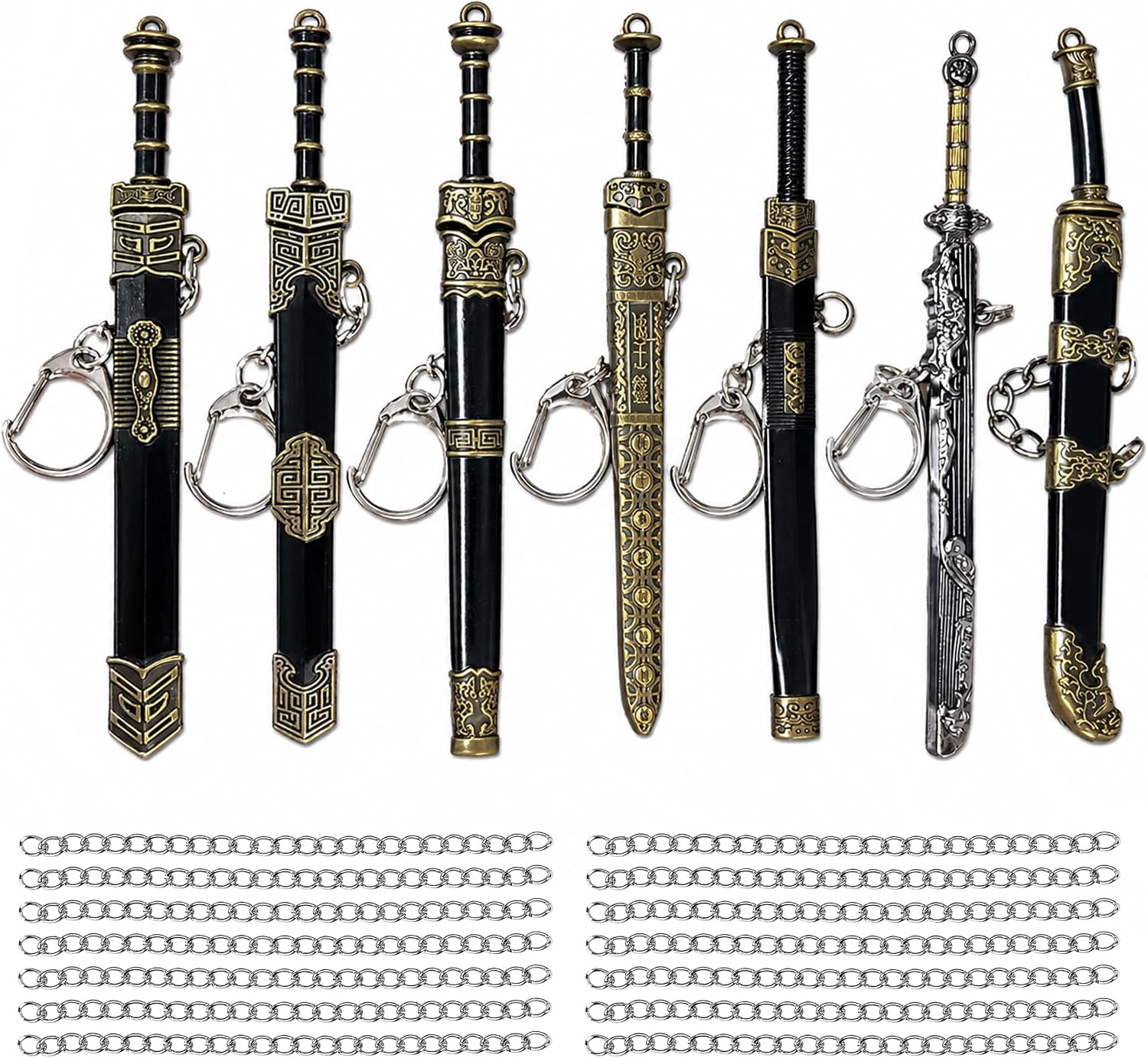 7PCS Chinese Sword Keychain, Mini Ancient Weapon Letter Opener with Sheath