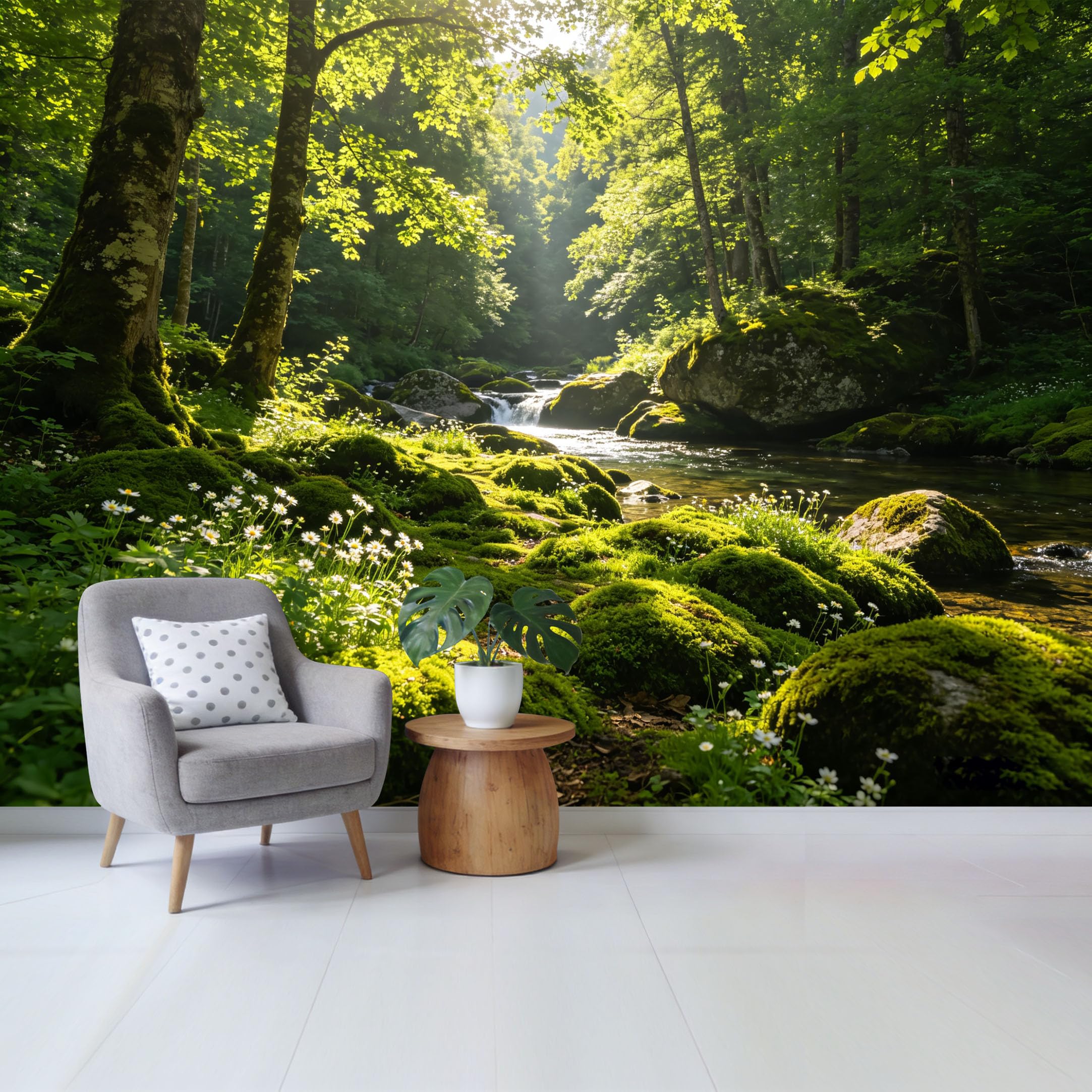 Qzlithotic Yq2605250172 Custom Size Wall Mural Lush Mossy Forest Stream Sunbeam Landscape Botanical Nature View Selfadhesive Wall Fabric Removable Wallpaper For Home Office Decor