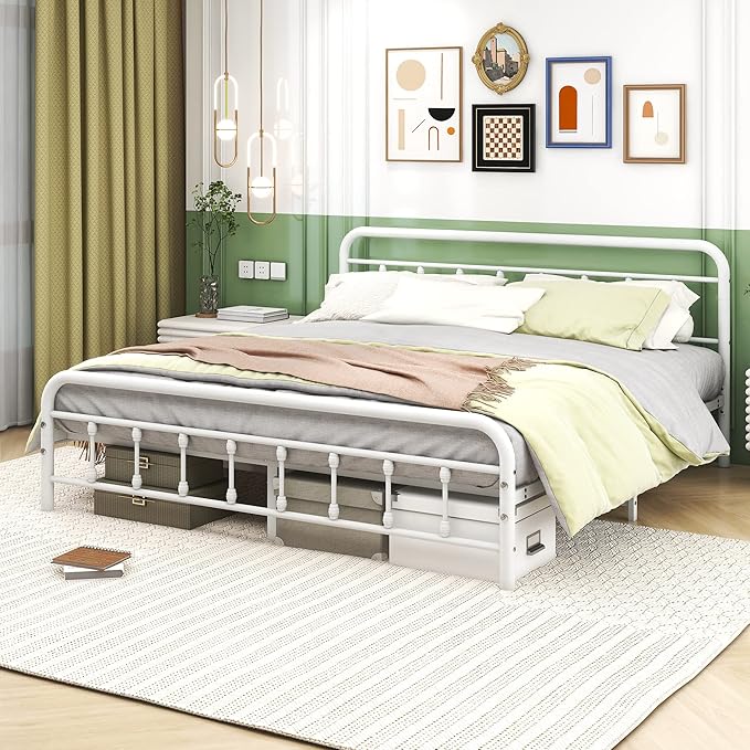 Diolong King Size Bed Frame with Headboard, Metal Bed Frame