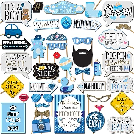 Amazon Com It S A Boy Baby Shower Photo Booth Props 41 Pieces With Wooden Sticks And Strike A Pose Sign By Outside The Booth Home Kitchen
