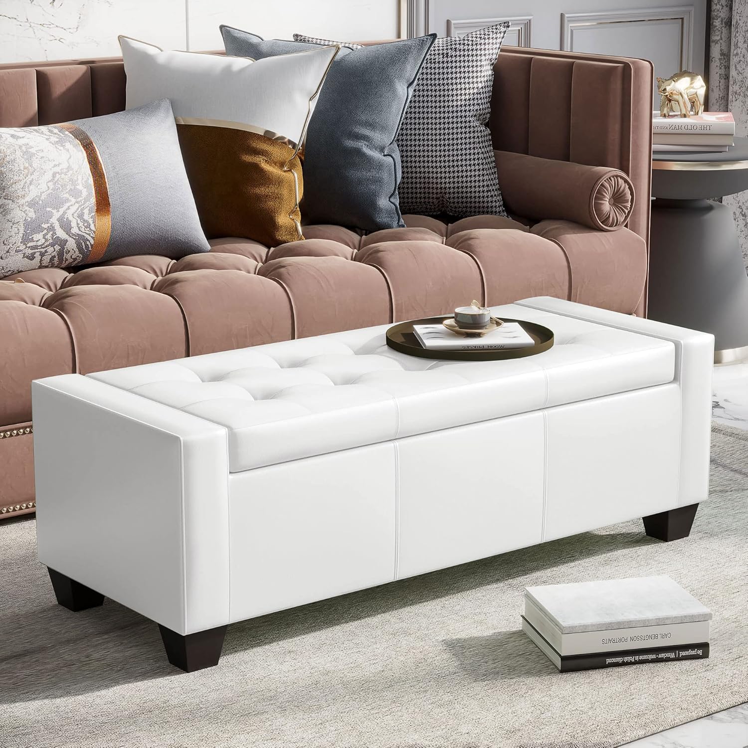 HOMCOM 51" Ottoman with Storage, Storage Ottoman Bench with Safty Hinge, Faux Leather Upholstered Entryway Bench with Seating for Living Room, Bedroom, Holds up to 330 lb, Cream White