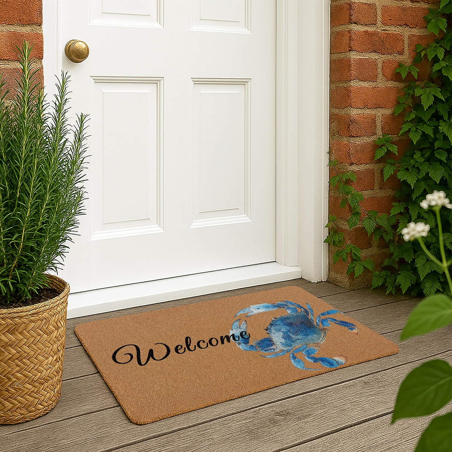 Blue Crab Welcome Doormat, Beach House Front Door Mat for Indoor Outdoor Entryway, Coastal Farmhouse Lake House Decor, Rustic Faux Coir Rug for Porch Patio Entry 30x17in