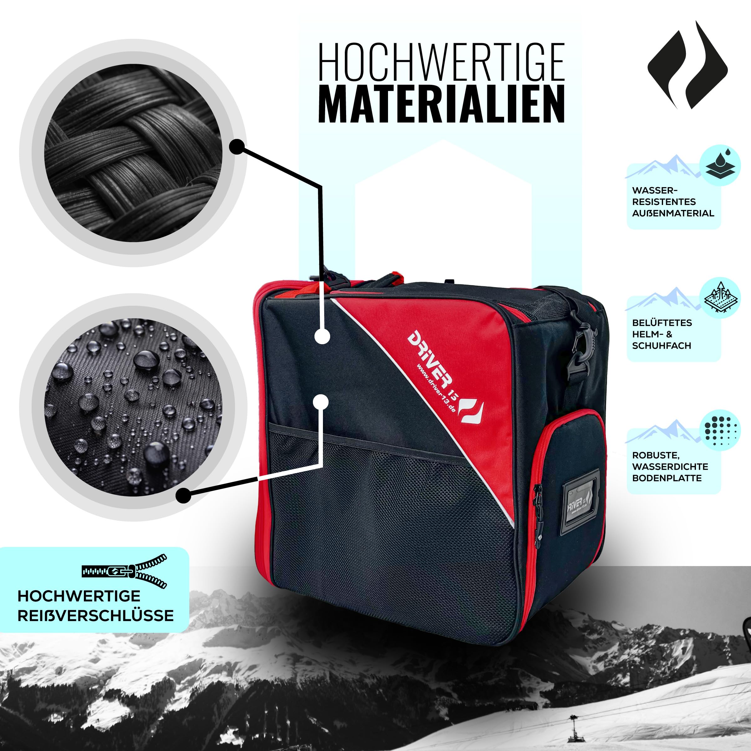 Driver13 ® Bolsa para Botas de esquí Bolsa para Botas de esquí con Compartimento para Casco para Botas Blandas duras inliner y Bolsa para Botas Negro-Rojo