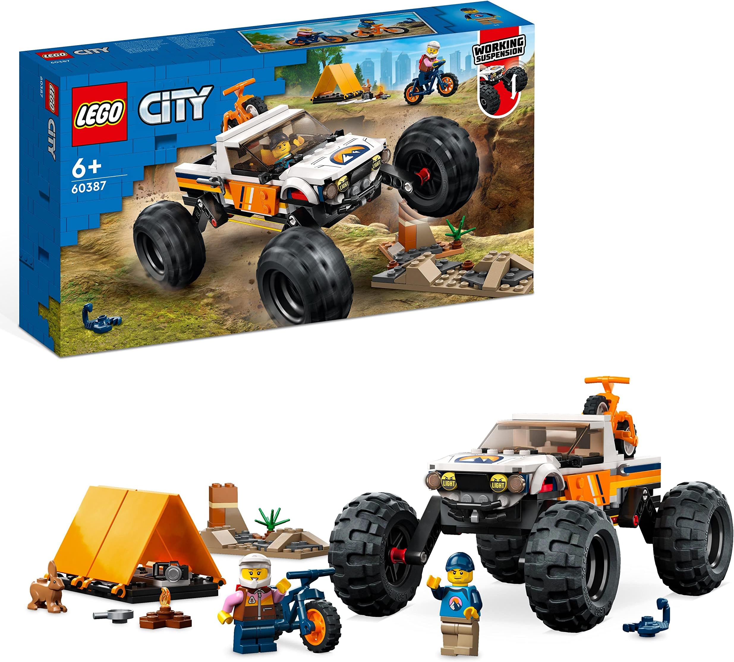 City 4x4 Off-Roader Adventures Camping Set, Monster Truck Style Car Toy with Working Suspension and Mountain Bikes, Vehicle Toys for Kids Aged 6 and Over 60387