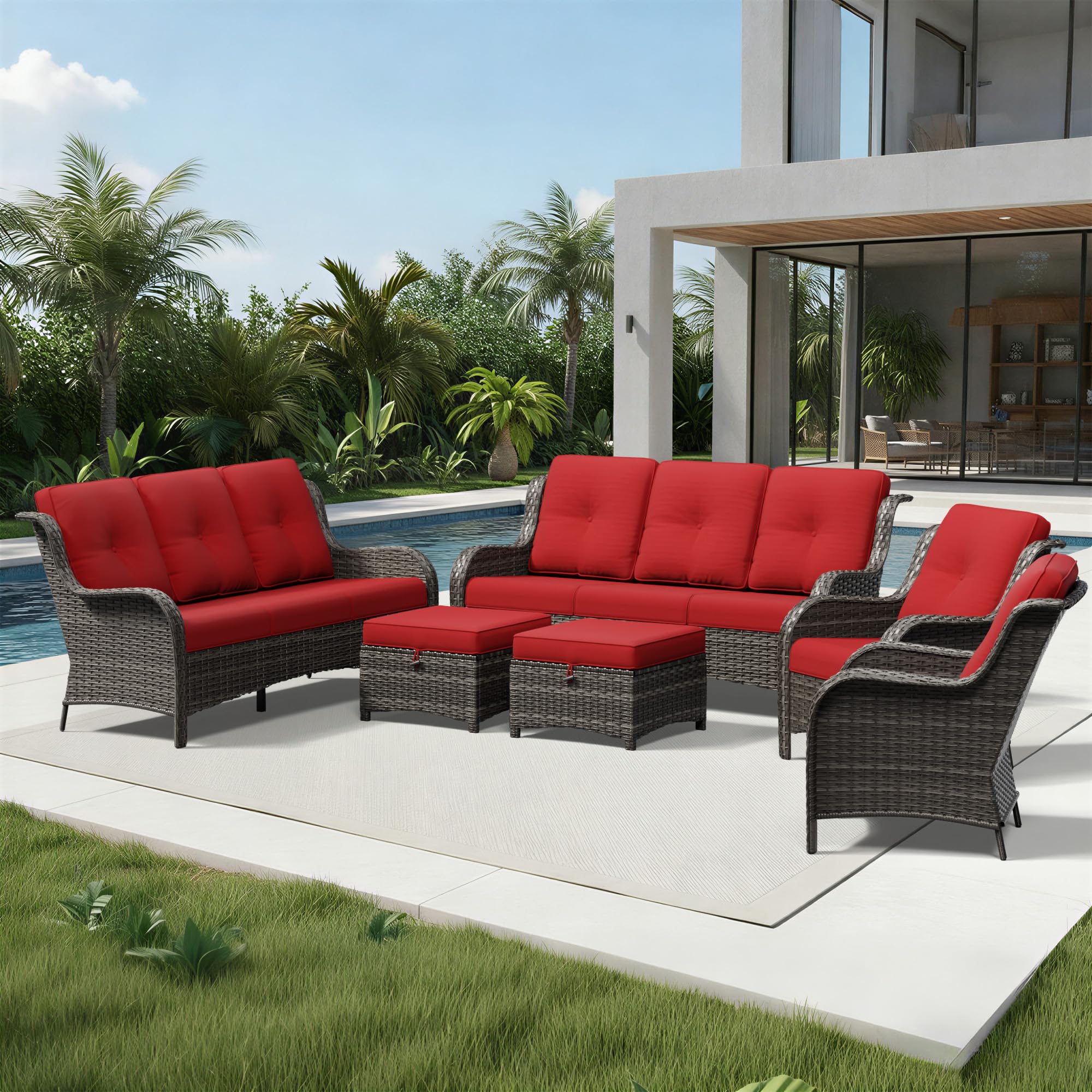 Joyside 6 Piece Wicker Patio Furniture Set, Rattan Patio Chairs with High Back, Deep Seating, Wide Armrest, Thickened Cushions, Outdoor Furniture for Deck, Porch Use