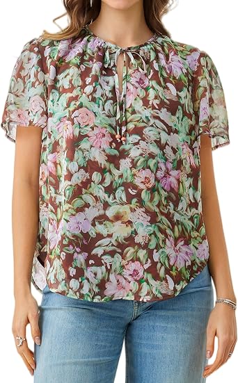 Womens Chiffon Tie V Neck Floral Blouse Casual Boho Tunic Shirts