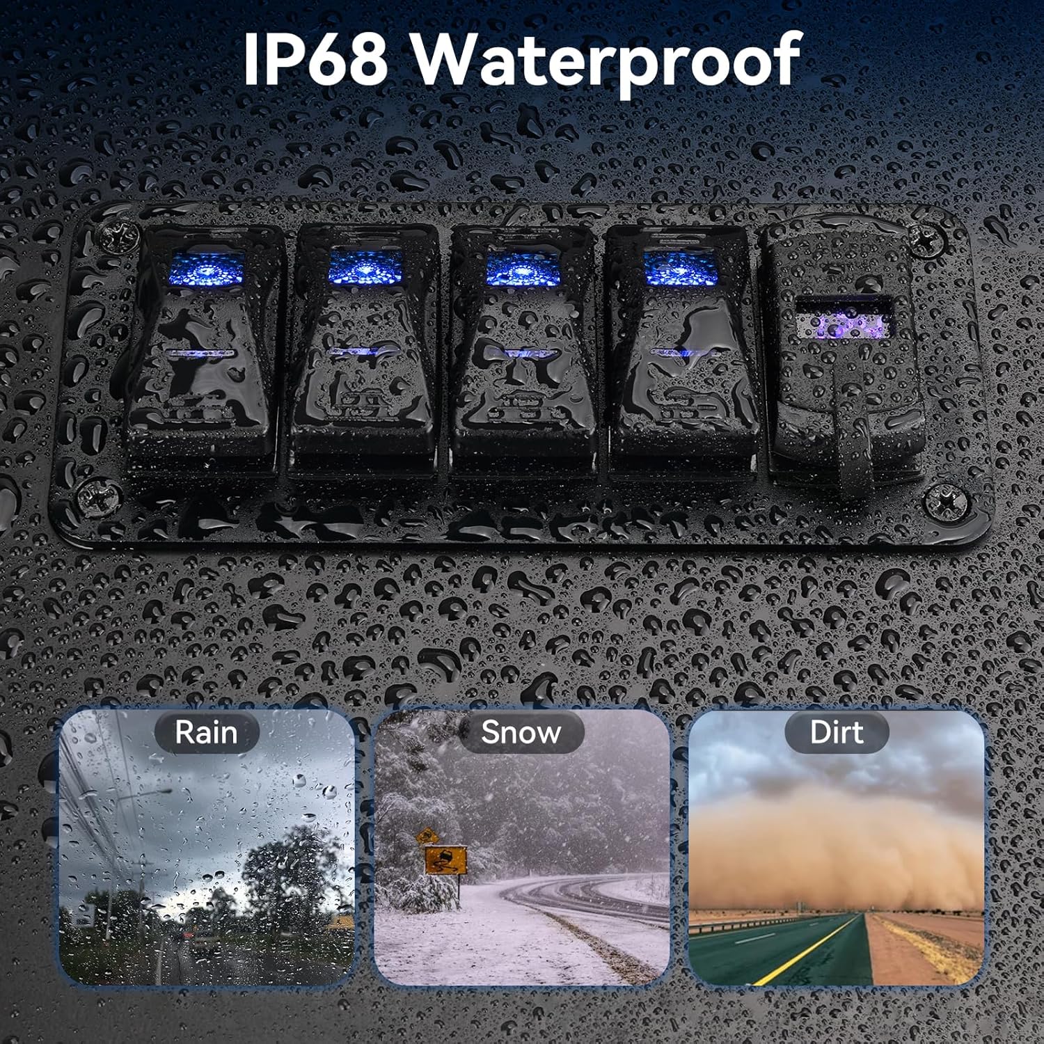 4 Gang Aluminum Rocker Switch Panel, IP68 Waterproof SPST ON/Off Charger Socket with 12-24V Blue LED Voltmeter,PD Type C and QC3.0 USB Fast Charging with DIY Stickers for Boat Car RV Truck