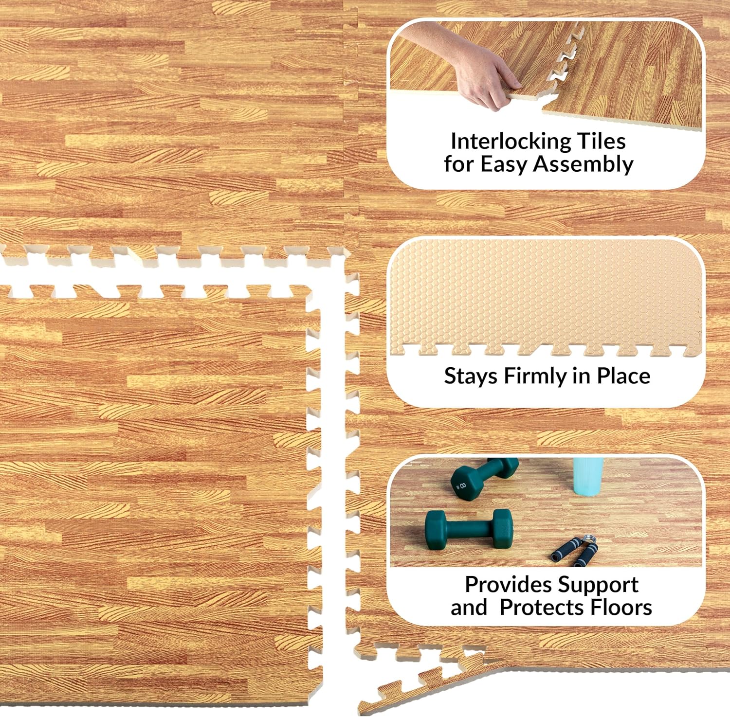 Foam Floor Tiles - 96sqft Wood Grain Interlocking Foam Tiles with Border - Foam Play Mat Playroom or Gym Flooring for Home Gym by Stalwart (Light)