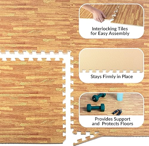 Miniatura 3 de Stalwart - Azulejos de espuma de grano de madera entrelazados de 24 pies cuadrados con borde, tapete de juego suave para sala de juegos o gimnasio