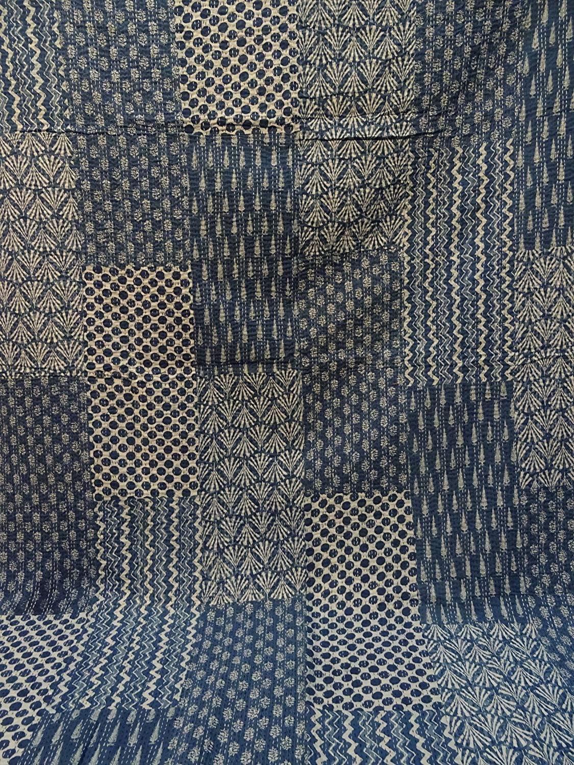 Sophia-Art Tribal Asian Textiles Indigo Color Hand Block Printed Kantha Quilt, Twin Size Patchwork Cotton Bedspread, Made
