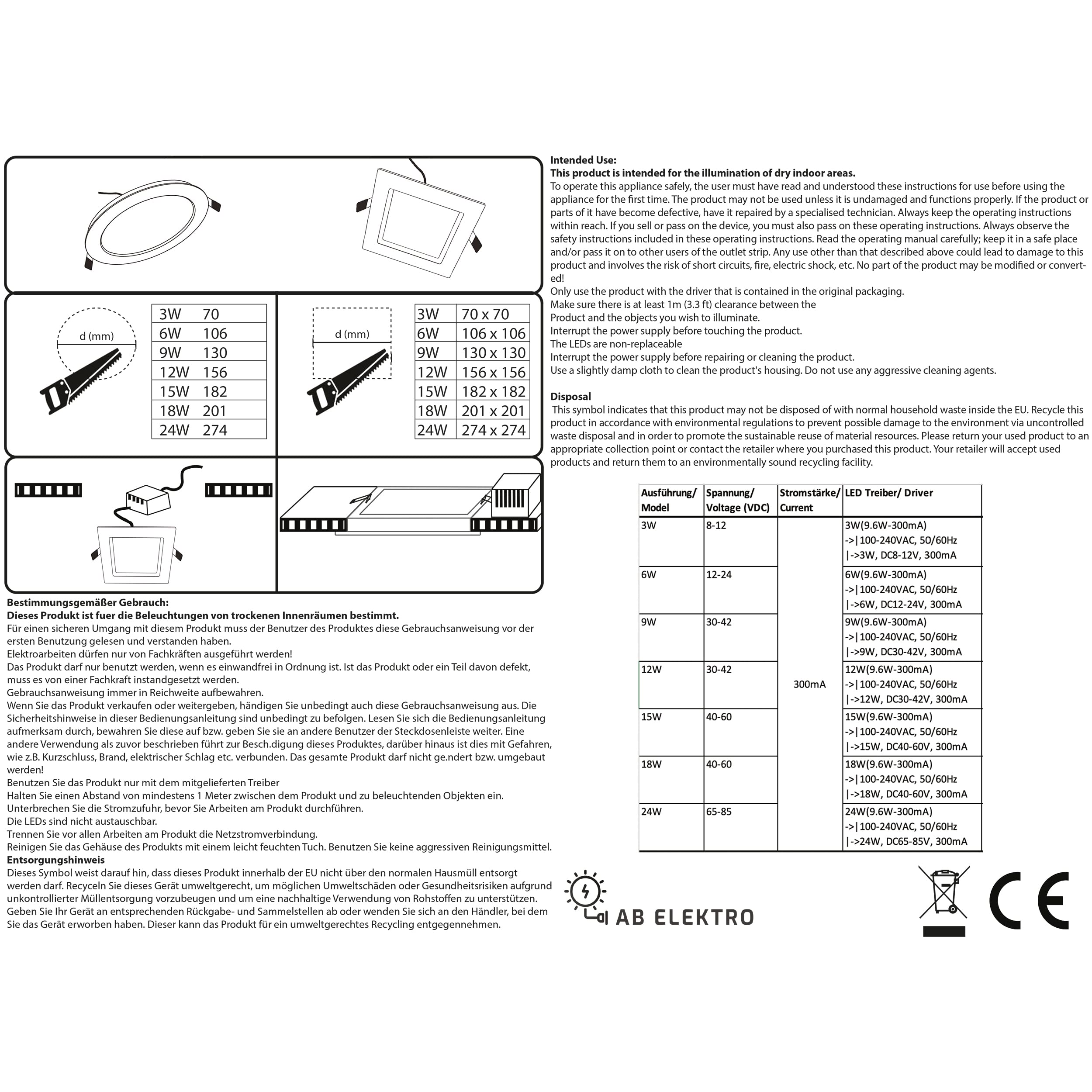 LED Einbaustrahler 230V flach - 8er Set - 24W LED Spot - 4200K - 274mm - IP20