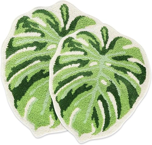 Green Leaf - Juego de 2 alfombras de baño antideslizantes en forma de Monstera, suaves y absorbentes, lavables, tapete de baño para plantas y ducha