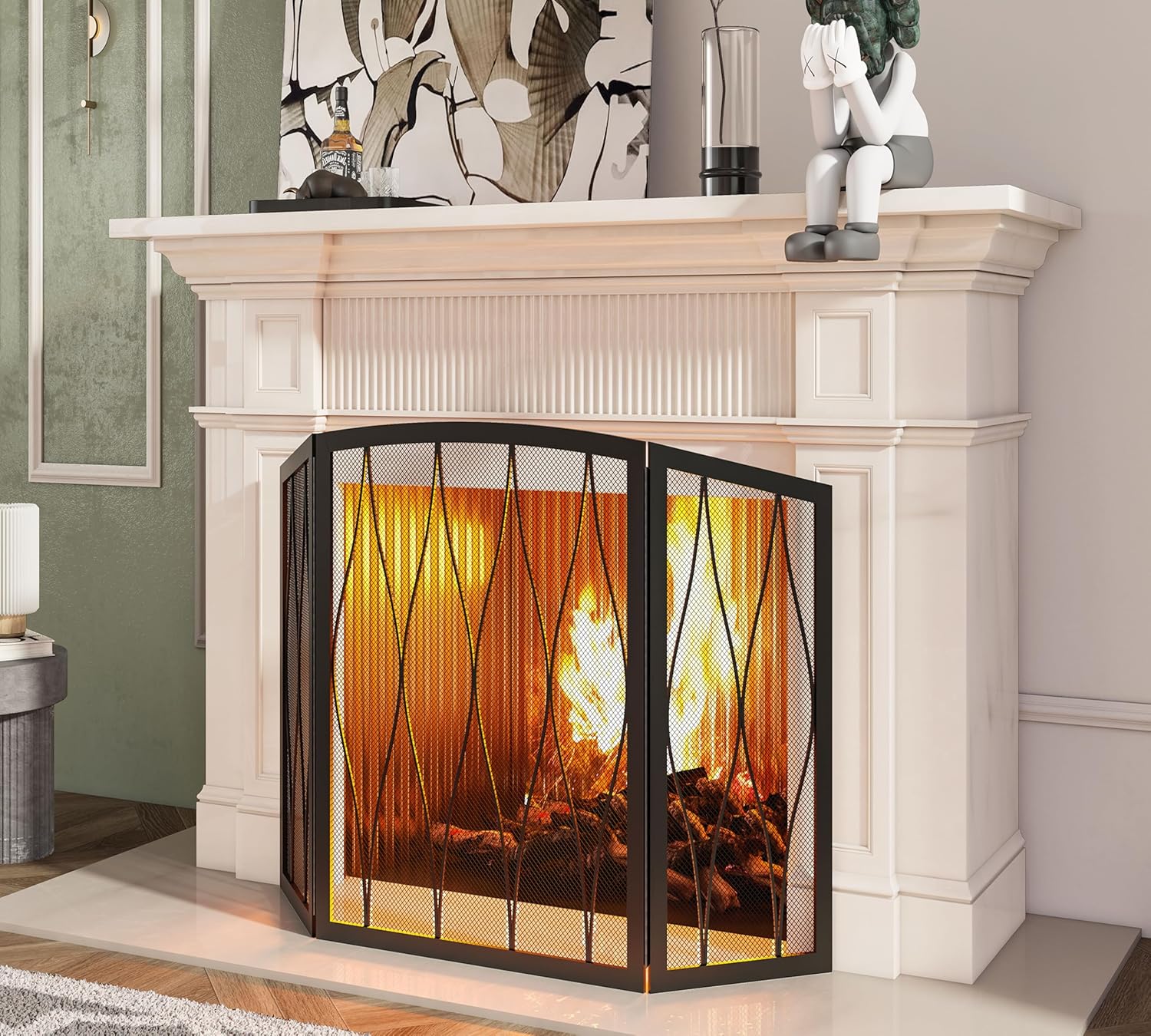 Kingson Childproof Fireplace Screen 3- Panel Modern Handcrafted Wrought Iron Foldable Metal Mesh, Heavy Duty Decorative Fireplace Spark Guard Cover for Living Room Home Decor Black Finish