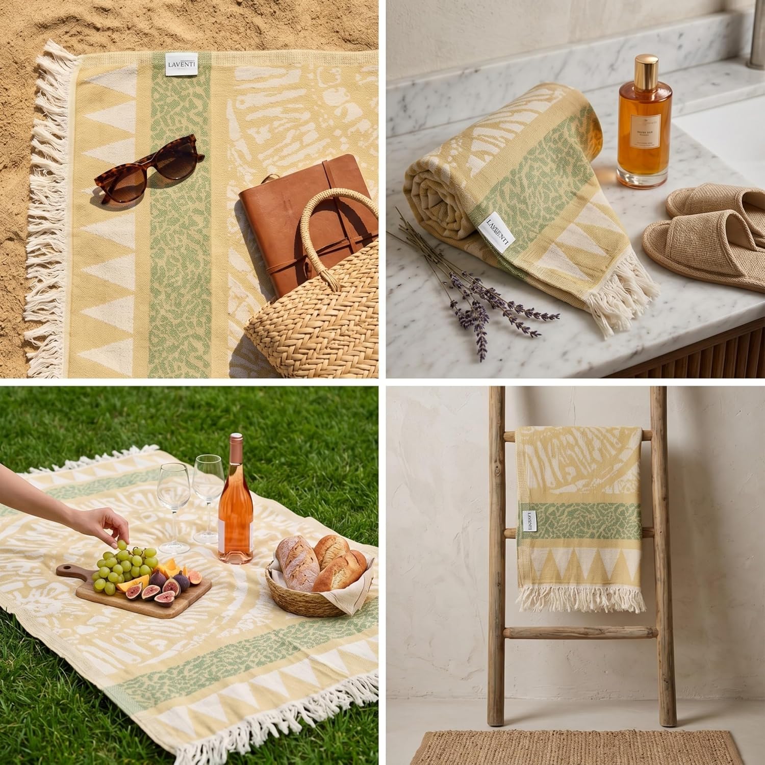 Invisible La’Venti Home Traditional Turkish Beach Towel – Yellow Green Coral Pattern – 100% Turkish Cotton, Sand Free, Quick Dry, Hand-Knotted Fringe – 35x69 Inch