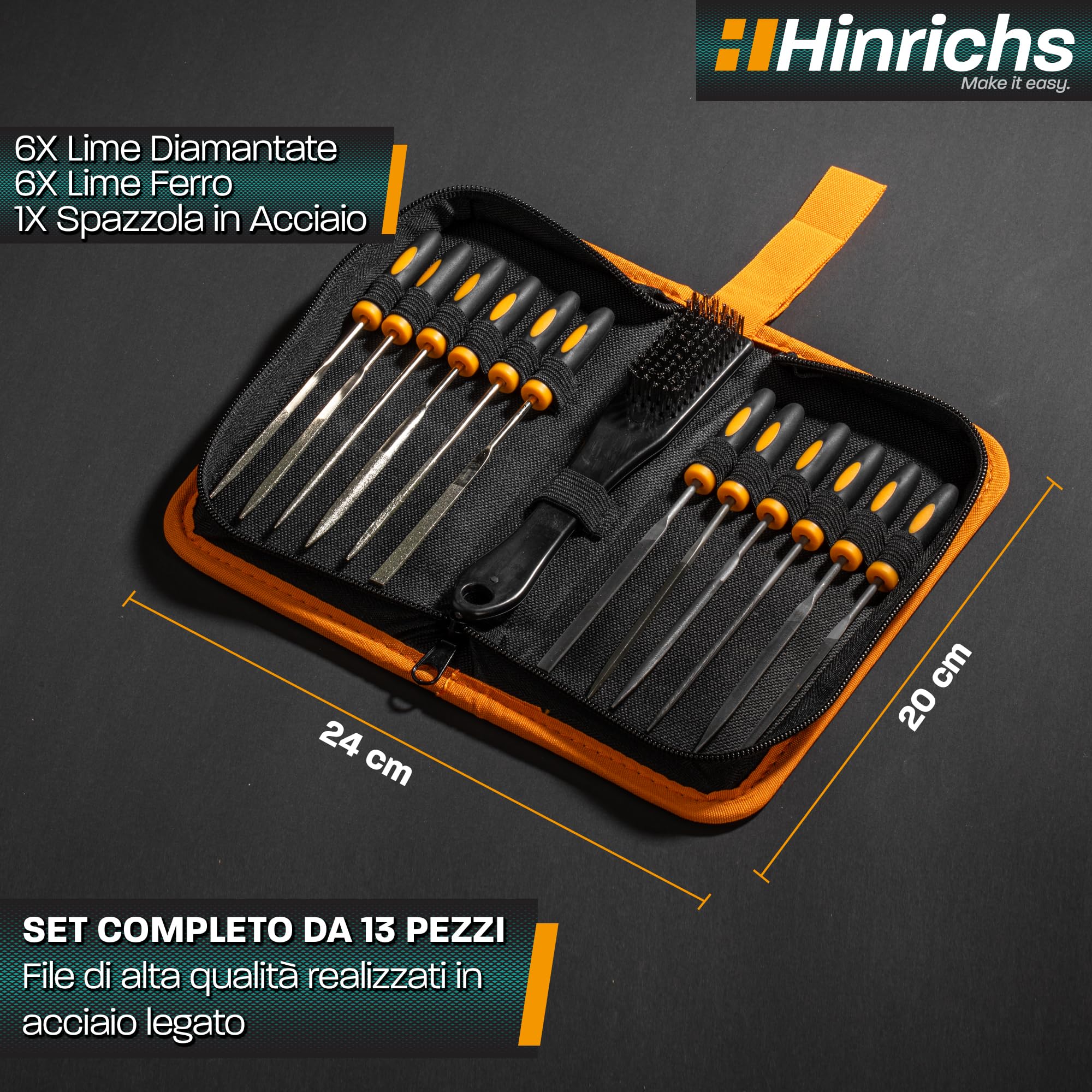 Hinrichs Set Lime Metallo e Legno 13 Pezzi - Include Custodia - 6 Lime Diamantate, 6 Lime Ferro, 1 Spazzola in Acciaio - Set di Lime Modellismo, Set di Mini Lime, Set di Lime Legno, Raspa per Legno