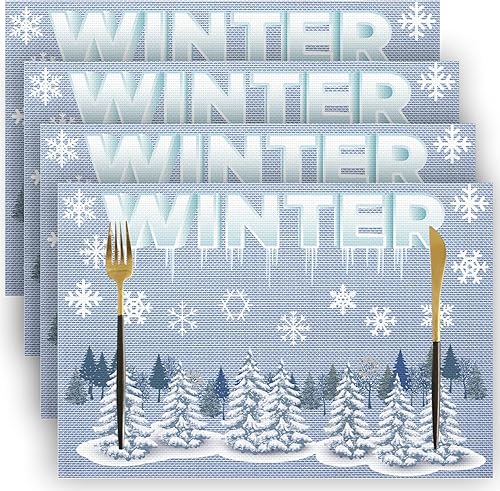 LIAODUNUS Juego de 4 manteles individuales de PVC para mesa de comedor de temporada de invierno copo de nieve lavables resistentes al calor