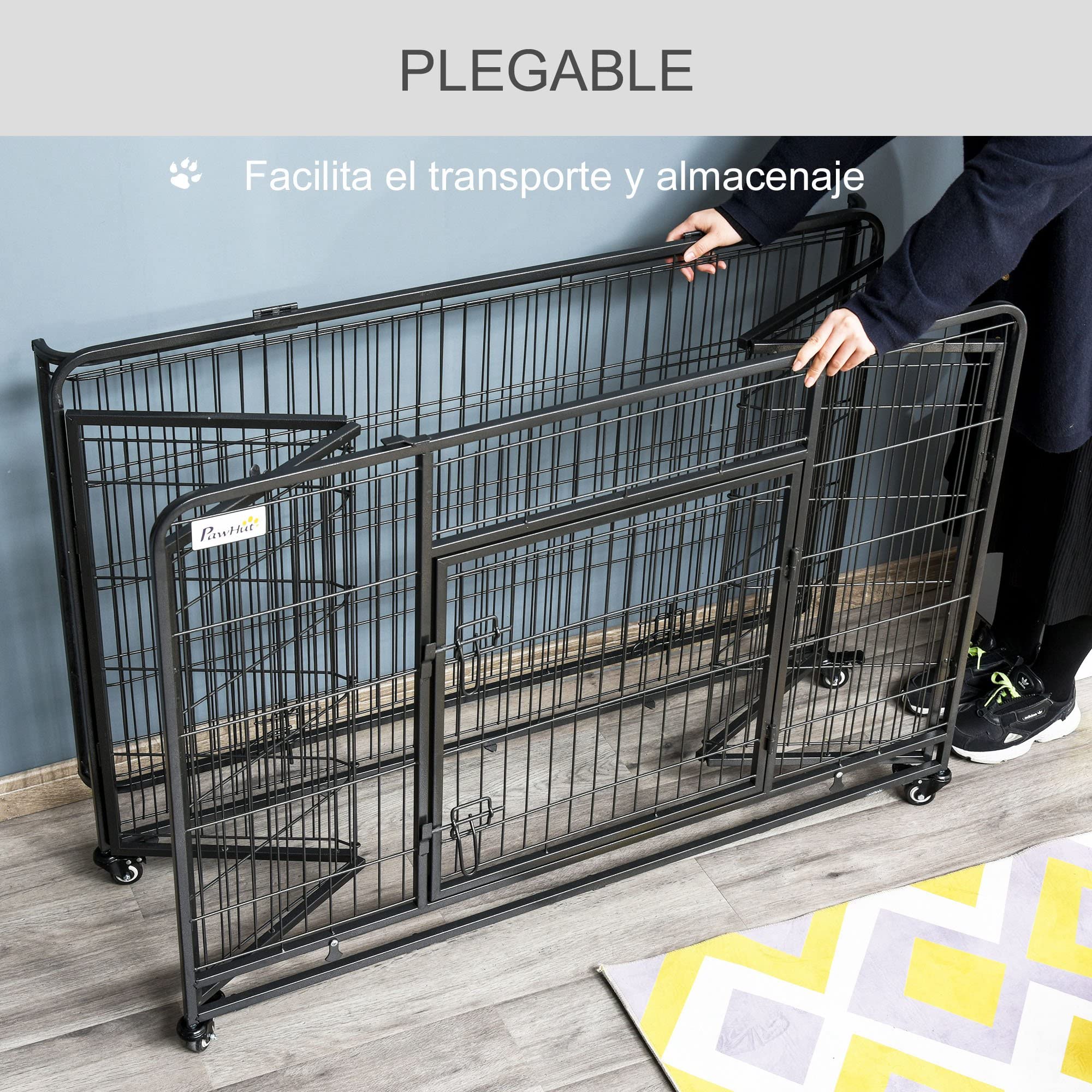 PawHut Jaula para Perros Plegable de Metal Jaula para Perros Grandes 125x76x81 cm con Ruedas y Frenos Bandeja Extraíble y Puerta con Pestillos para Golden Retriver Labrador Gris Oscuro