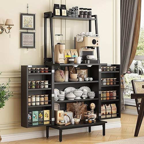 51” Pantry Cabinets with Microwave Shelves, Small Kitchen Pantry Storage Cabinet with Adjustable Shelves, Freestanding Buffet Cupboards Sideboard for Kitchen, Dining Room, Living Room Use (Black) - Black