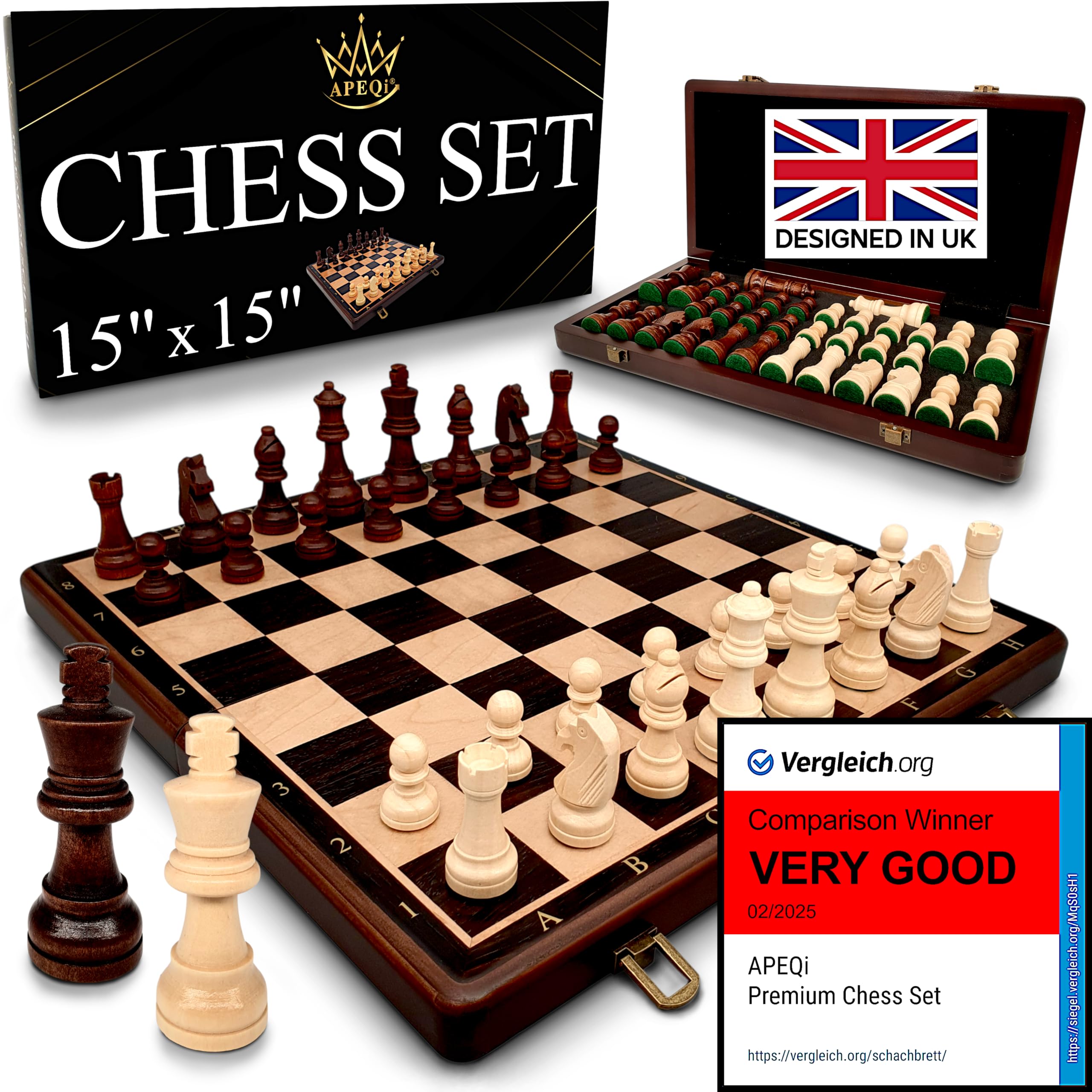 APEQi PREMIUM Chess Set - Wooden Chess Board Luxury - 15" (38cm), 2 Extra Queens, Solid Wood, Gift Idea - Wooden Chess Set for Adults and Kids - Folding Travel Chess Game, 34 Staunton Chess Pieces
