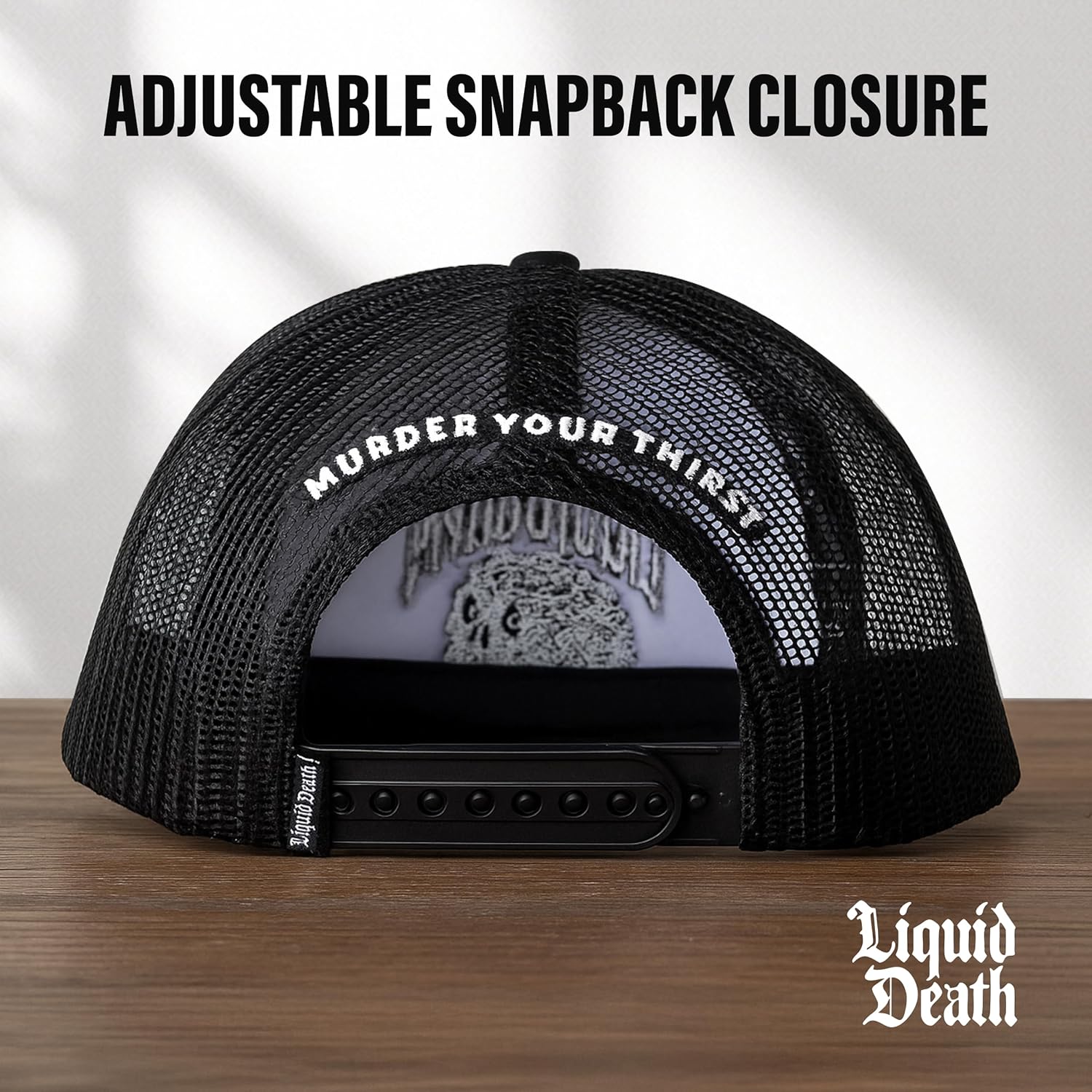 Concept One Liquid Death Trucker Hat with Mesh Back, Embroidered Skull Logo, Adjustable Snapback Baseball Cap