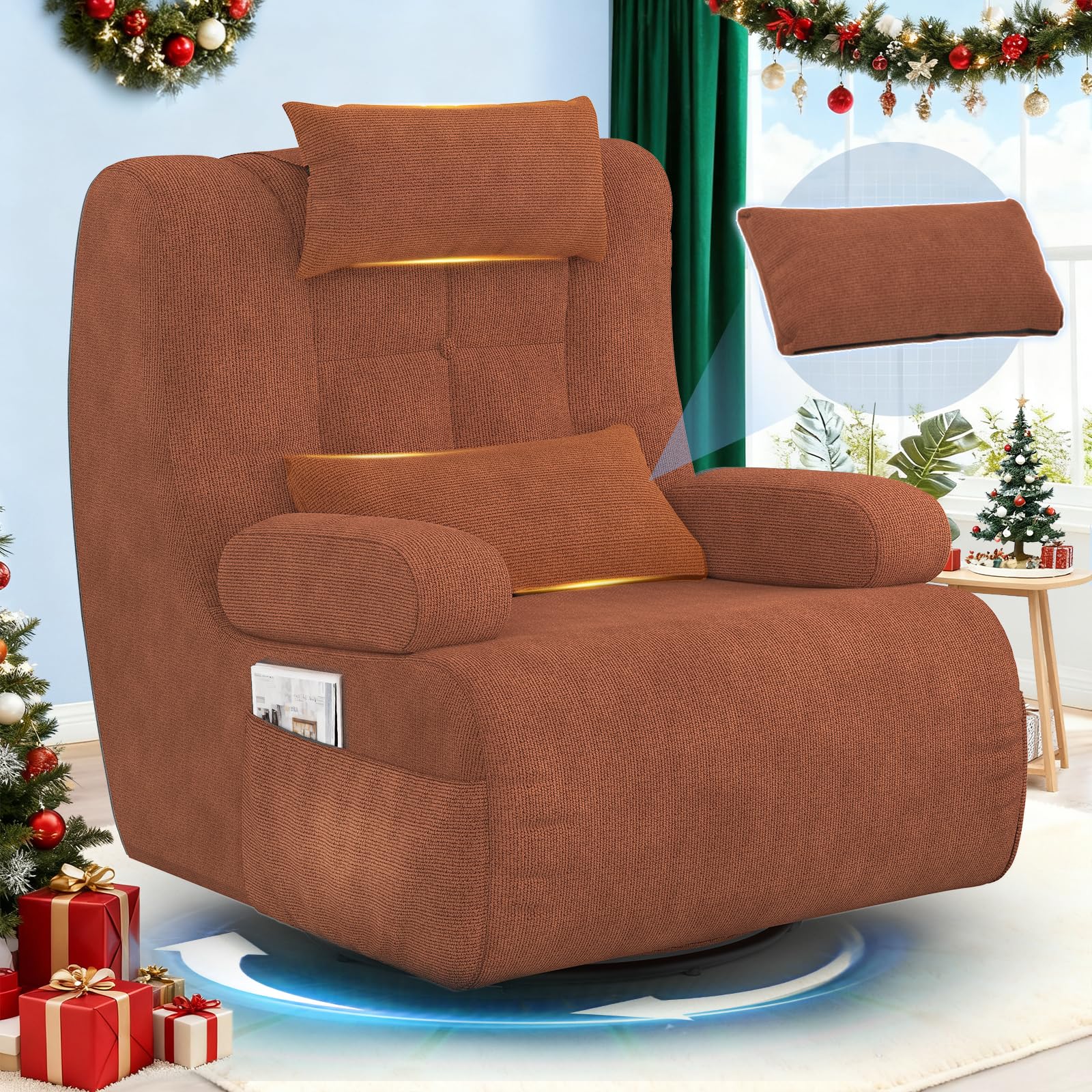 3-in-1 Relaxsessel, 360°Drehsessel,Extragroßer,Gepolsterter Hochlehner-Sessel mit 2 zusätzlichen Kissen, 2 Seitentaschen,Gepolstertem Sitzkissen und Rückenlehne, Akzent-Relaxsessel (Rotbraun)