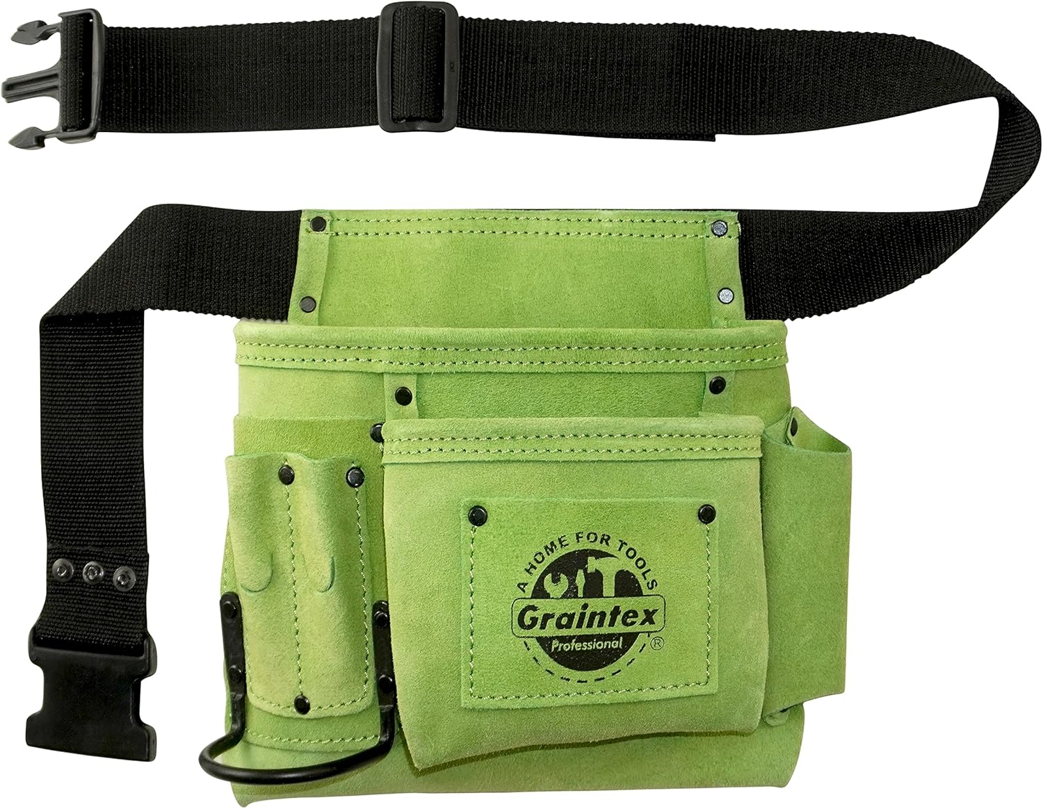 Graintex 5 Pocket Suede Leather Tool Belt/Bag | Lime Green | Multipurpose Leather Tool Belt for Women and Men | Construction, Electrician, Handymen, Carpenter, Gardening Pouch and DIY Projects