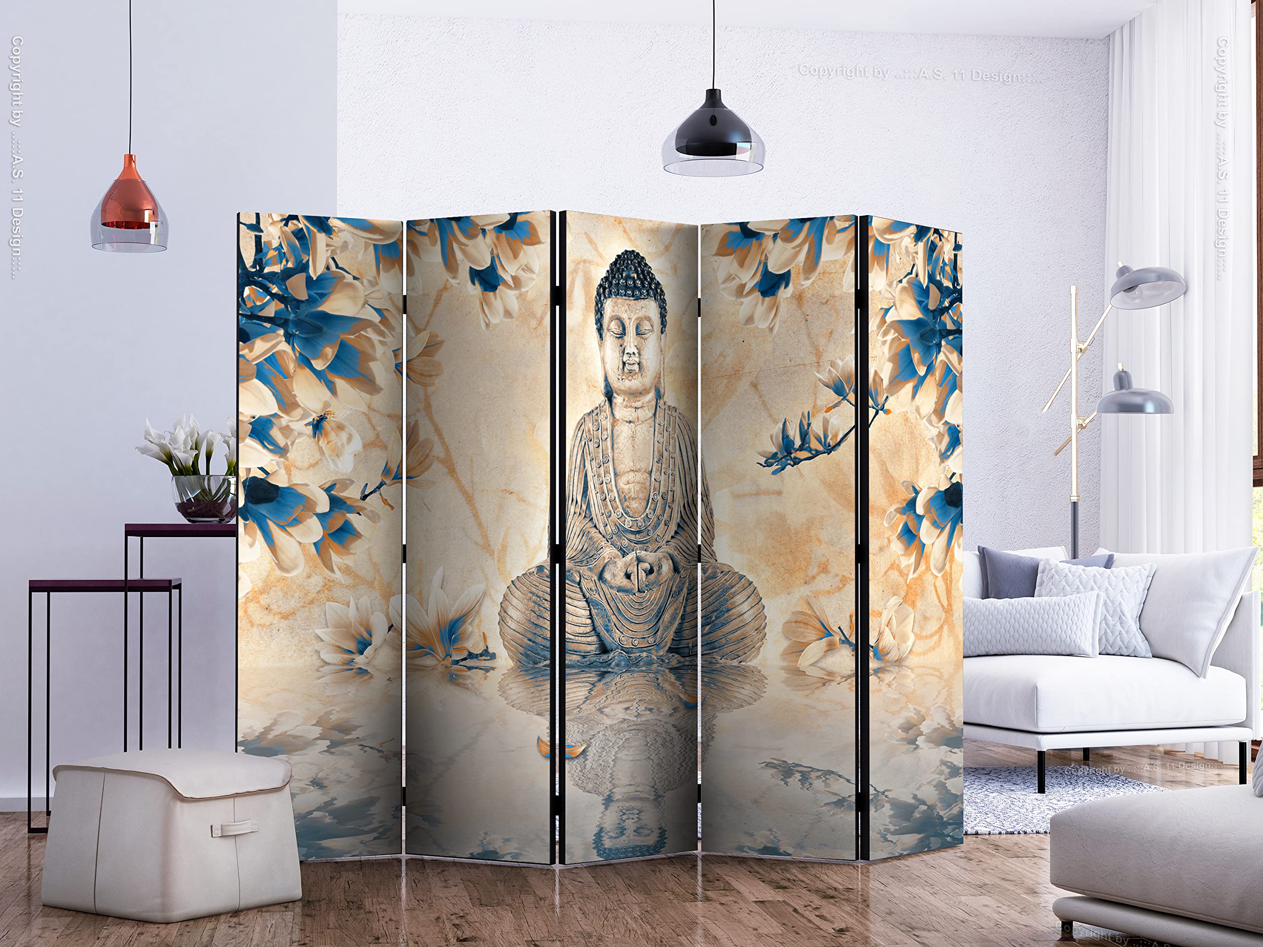 murando - Paravent intérieur à Deux côtés 225x172 cm - Séparateur de pièce en Bois Naturel avec Toile imprimée Pliable - Asie Bouddha Bouddhisme Feng Shui Magnolias Orient Zen p-C-0018-z-c
