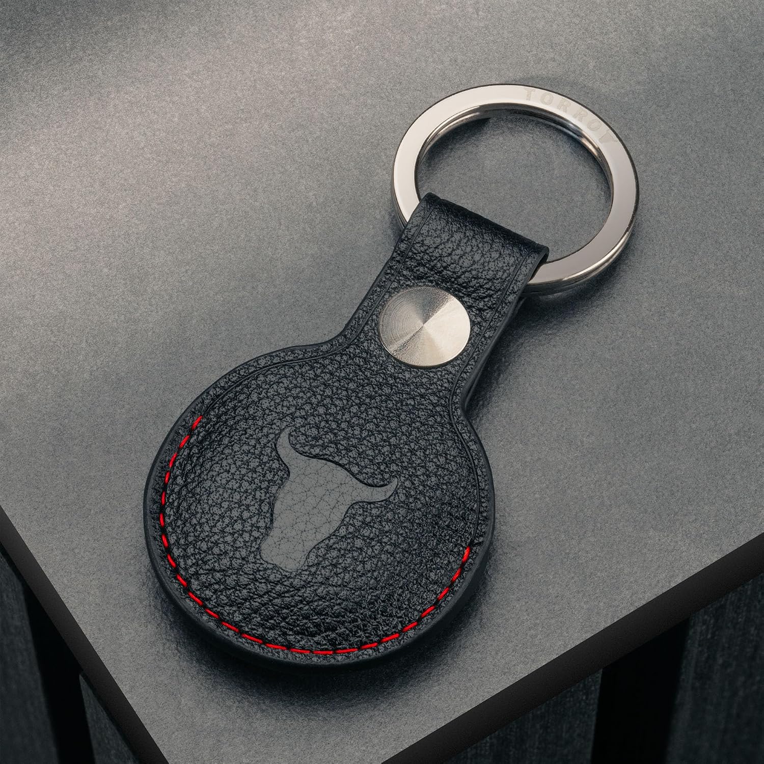 TORRO Leather Keyring/Keychain Compatible with AirTag – Premium Leather Key Holder with Brushed Metal Ring (Black)
