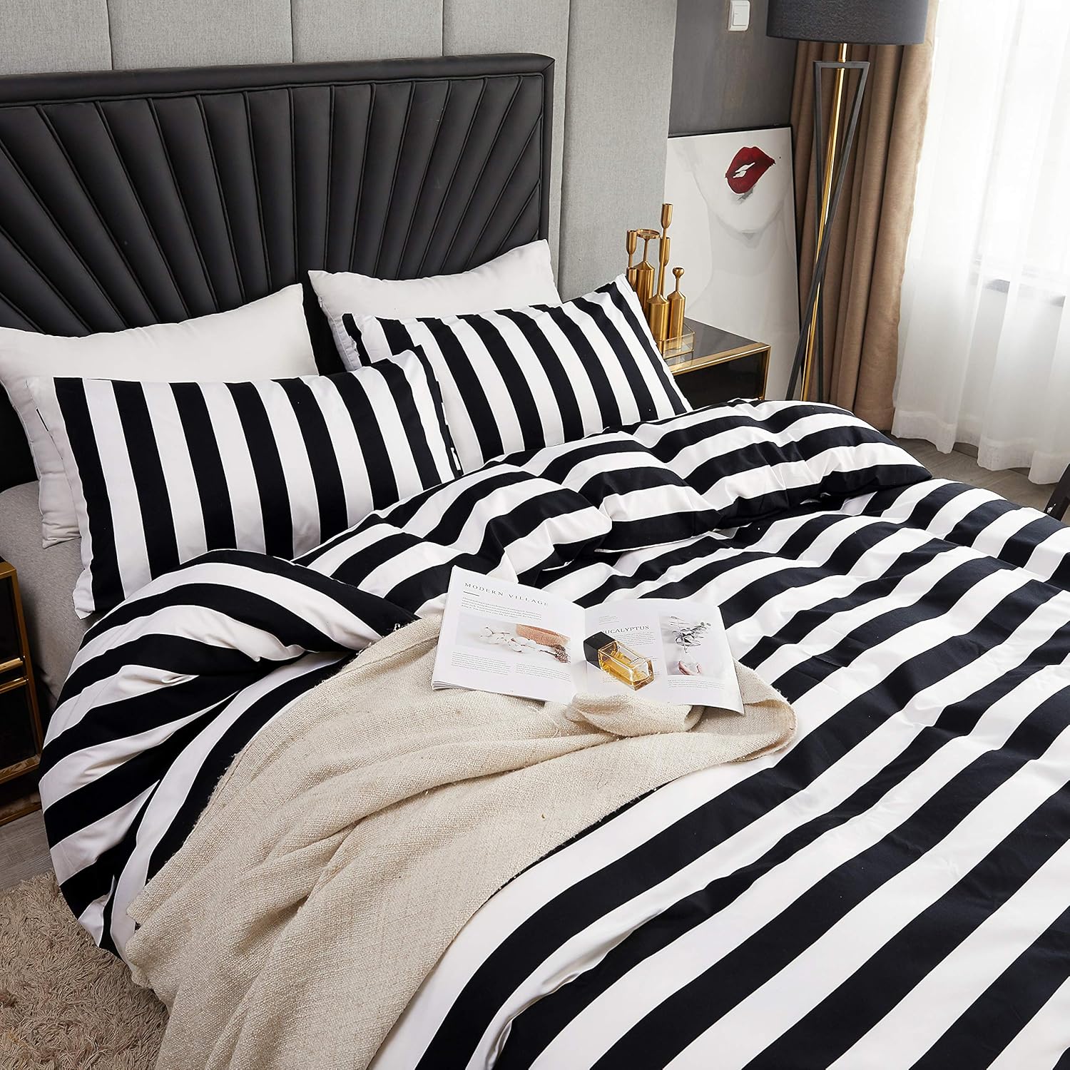 LAMEJOR Duvet Cover Set King Size Striped Pattern Luxury Soft Bedding Set Comforter Cover (1 Duvet Cover+2 Pillowcases) White/Black