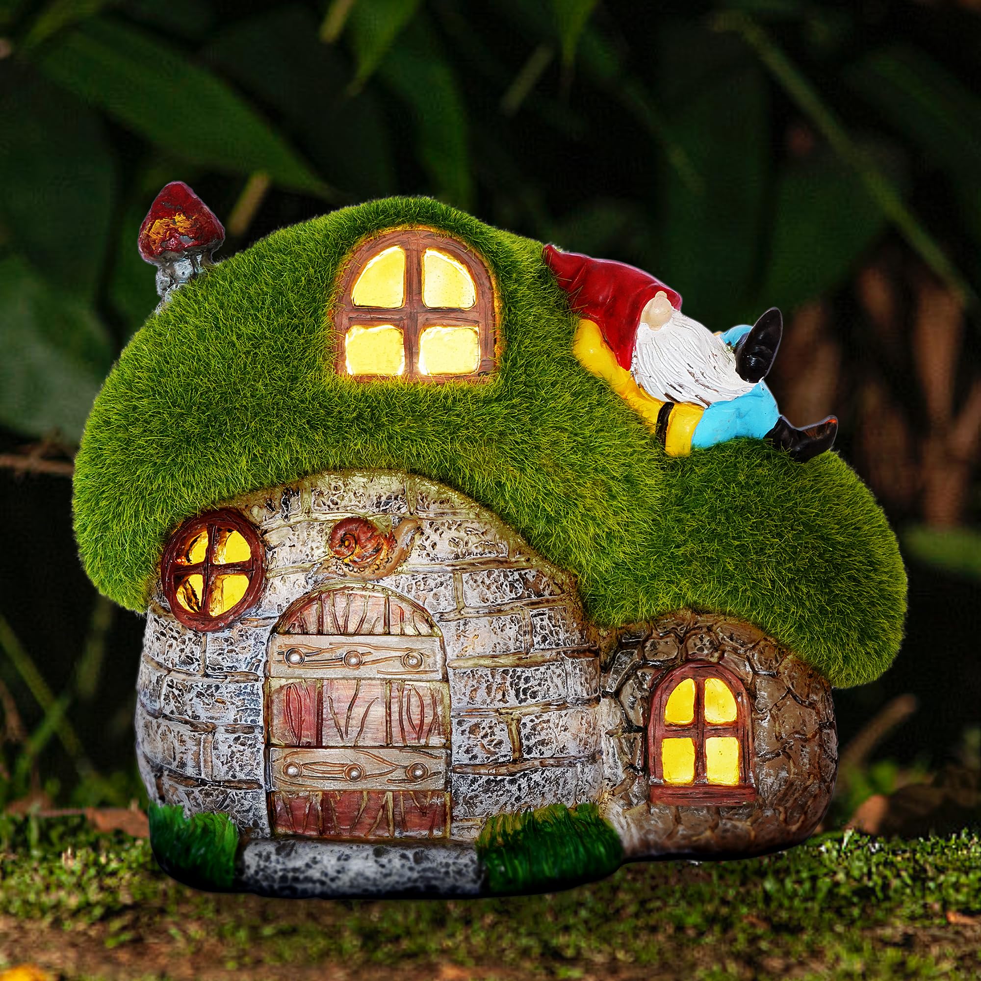 ILLUMINEW House Garden Statues with Solar Lights, LED Cute Flocked Fairy House with Gnomes Garden Figurine, Outdoor Patio Yard Lawn Decorations Gift