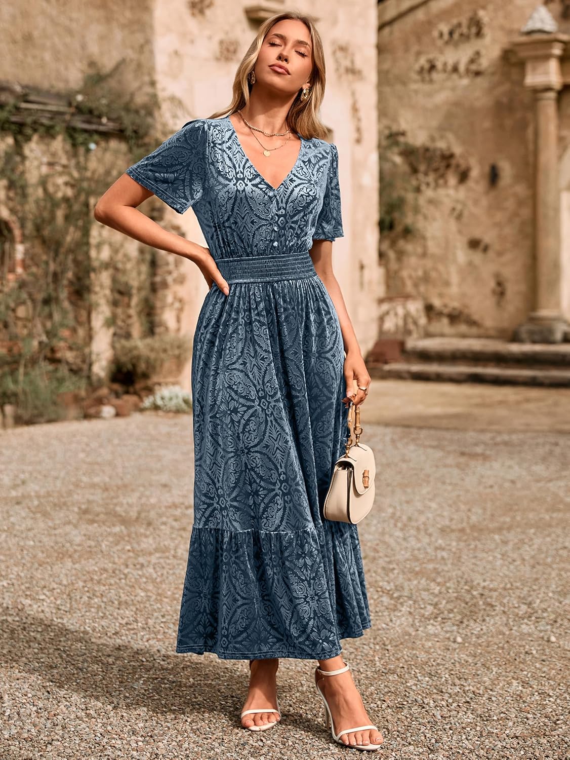 Simplee Womens Fall Velvet Dress Short Sleeve V Neck Floral Maxi Dress Long Formal Winter Wedding Guest Dresses - Image 5