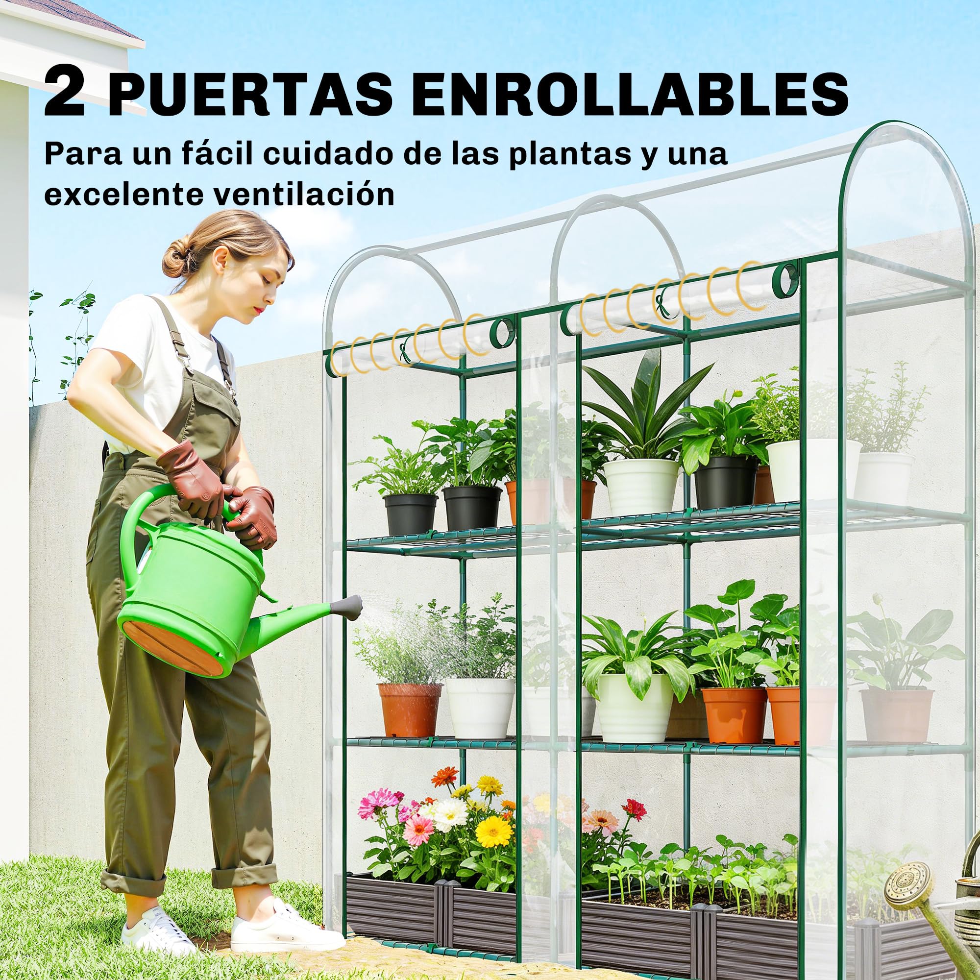 Outsunny Invernadero Pequeño de 3 Niveles, Invernadero de Exterior con 2 Puertas Enrollables, Marco de Acero y Cubierta de Plástico Anti-UV para Cultivar Plantas, Flores, 143x46x164 cm, Transparente