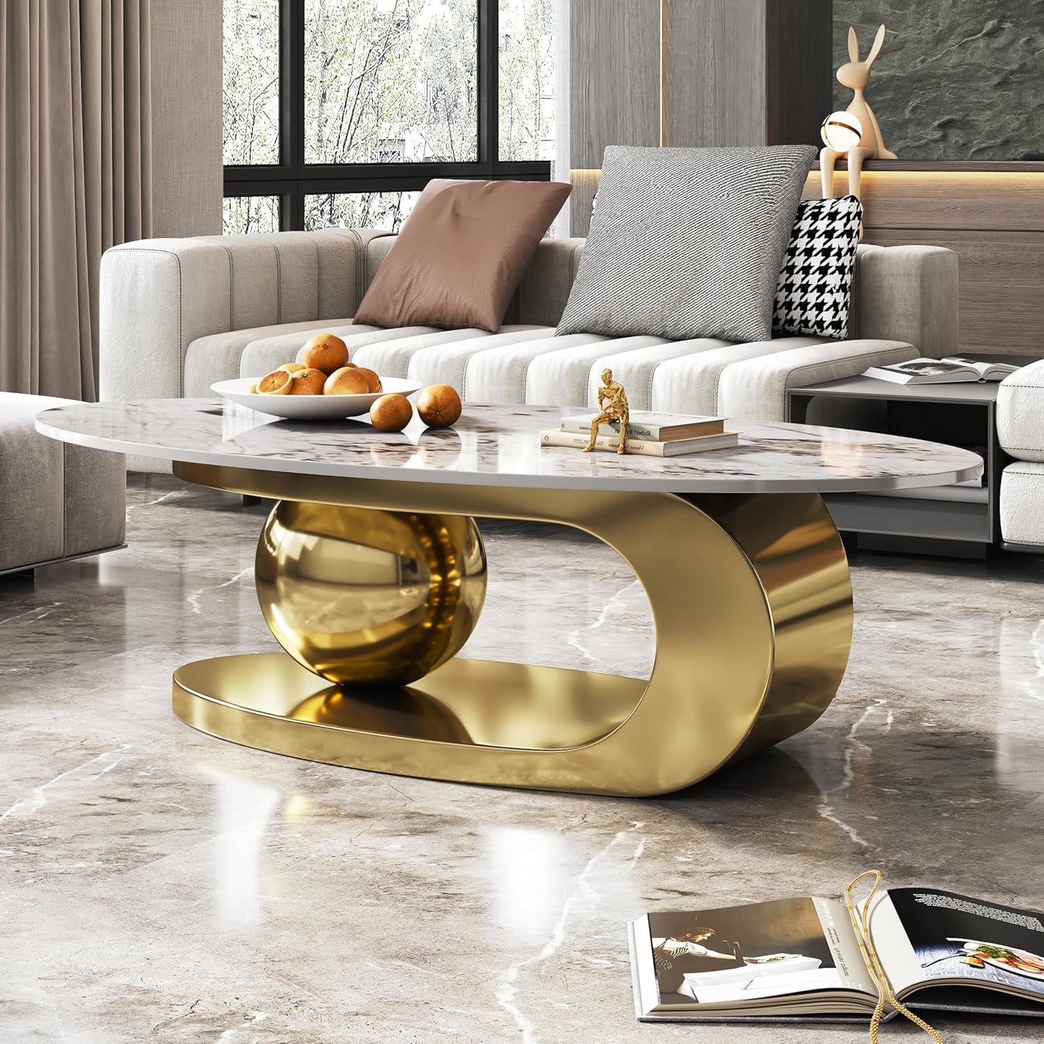 Modern Coffee Table with Gold Stainless Steel Pedestal,Oval Living Room Table with Faux Marble Top,Sintered Stone Cocktail Center Table Marble Grain,51.20inch